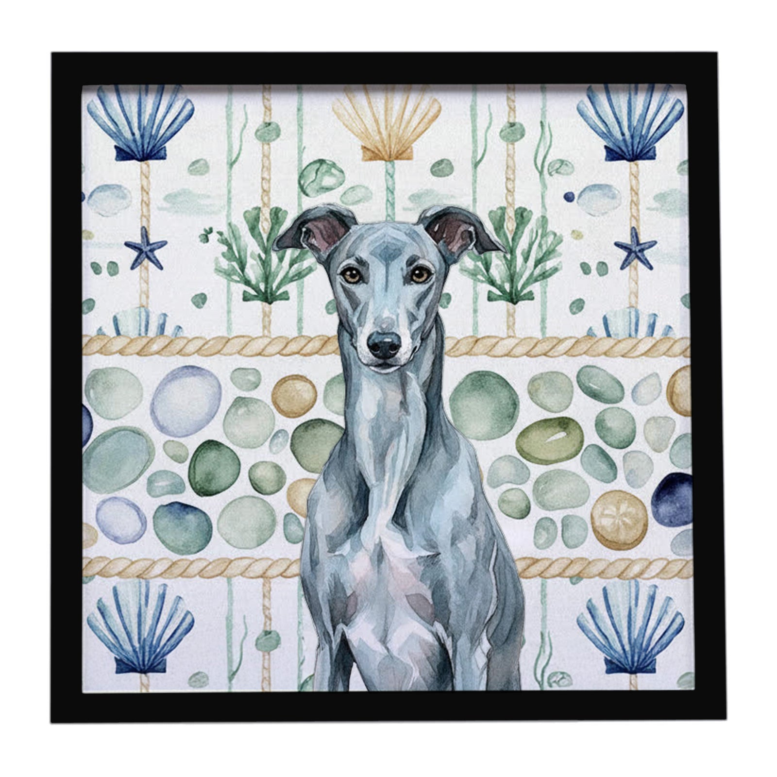 Caroline's Treasures Blue Brindle Greyhound Coastal Sea Glass Framed Metal Print