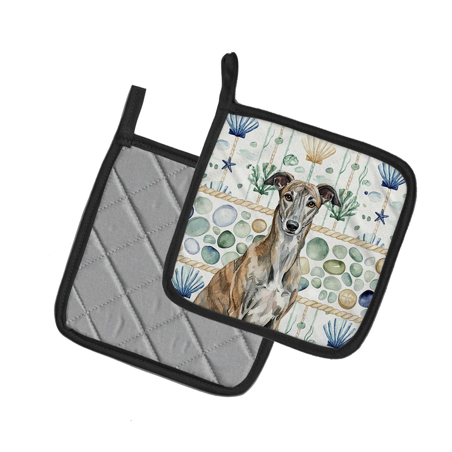 Caroline's Treasures Brindle Greyhound Coastal Sea Glass Pair of Pot Holders