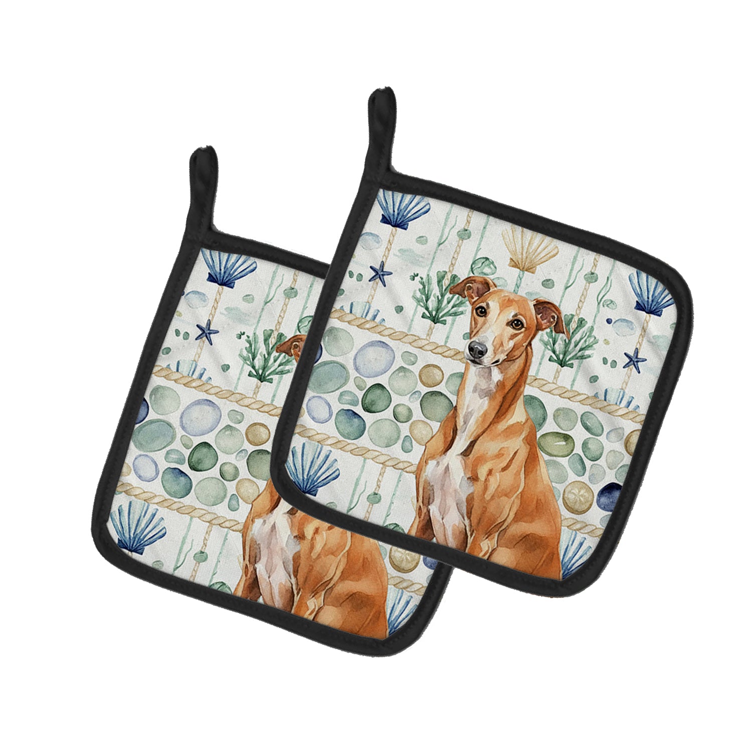 Caroline's Treasures Red Greyhound Coastal Sea Glass Pair of Pot Holders