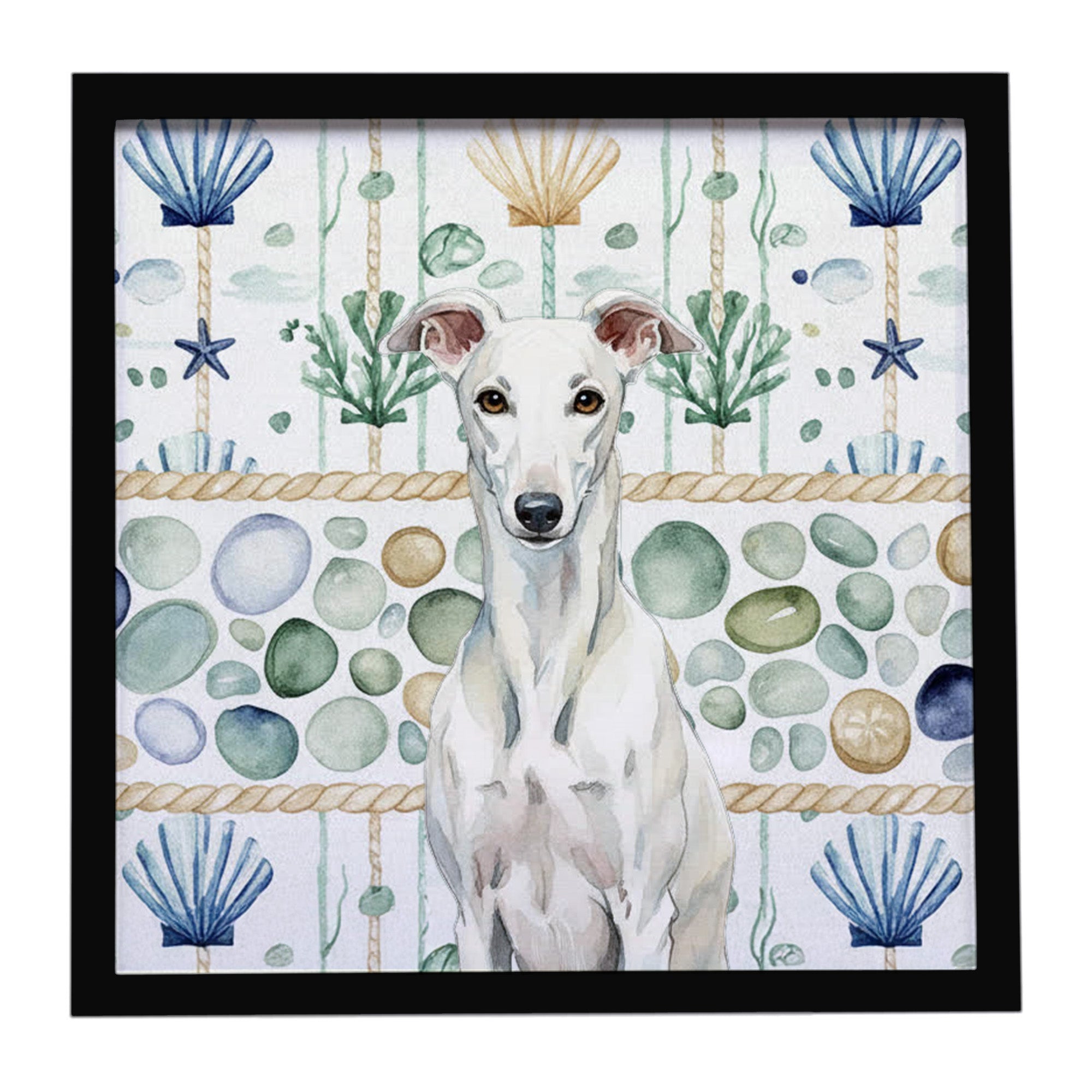 Caroline's Treasures White Greyhound Coastal Sea Glass Framed Metal Print