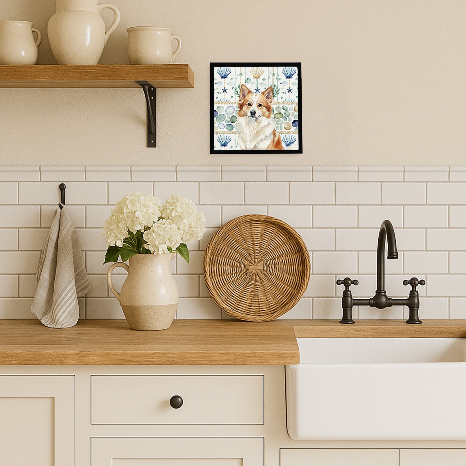 Caroline's Treasures Tan Icelandic Sheepdog Coastal Sea Glass Framed Metal Print