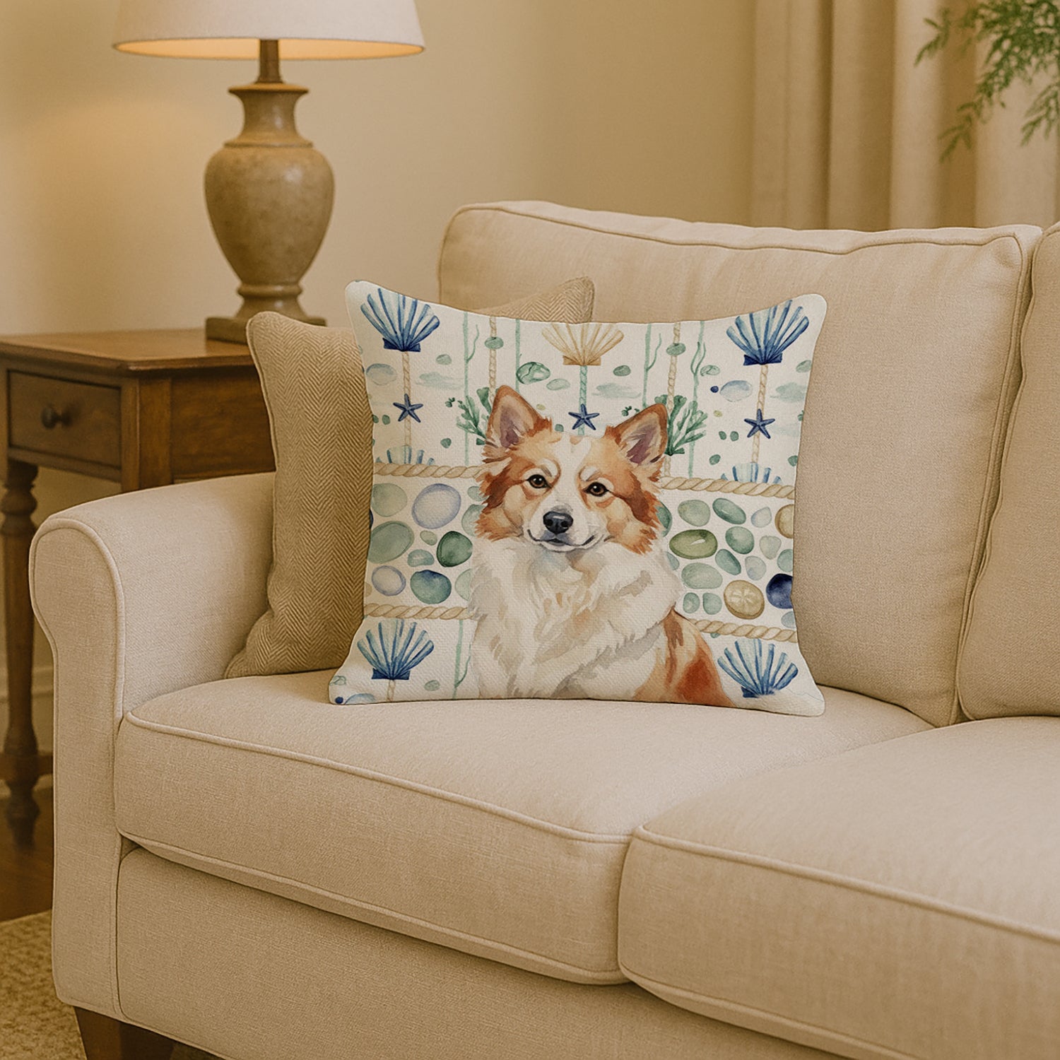 Caroline's Treasures Tan Icelandic Sheepdog Coastal Sea Glass Throw Pillow