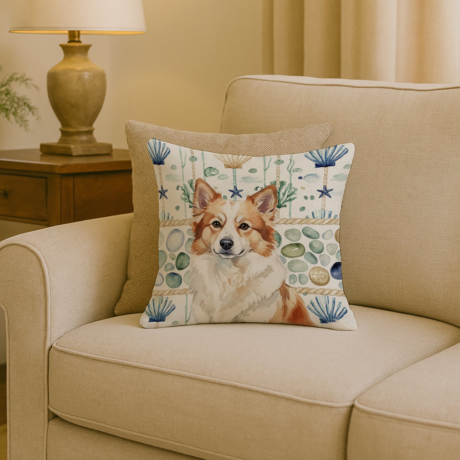 Caroline's Treasures Tan Icelandic Sheepdog Coastal Sea Glass Throw Pillow