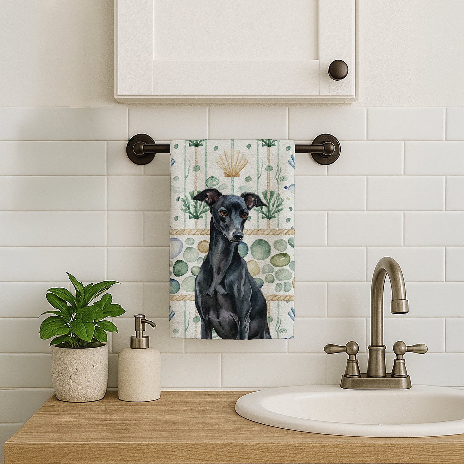 Caroline's Treasures Black Italian Greyhound Coastal Sea Glass Kitchen Towel