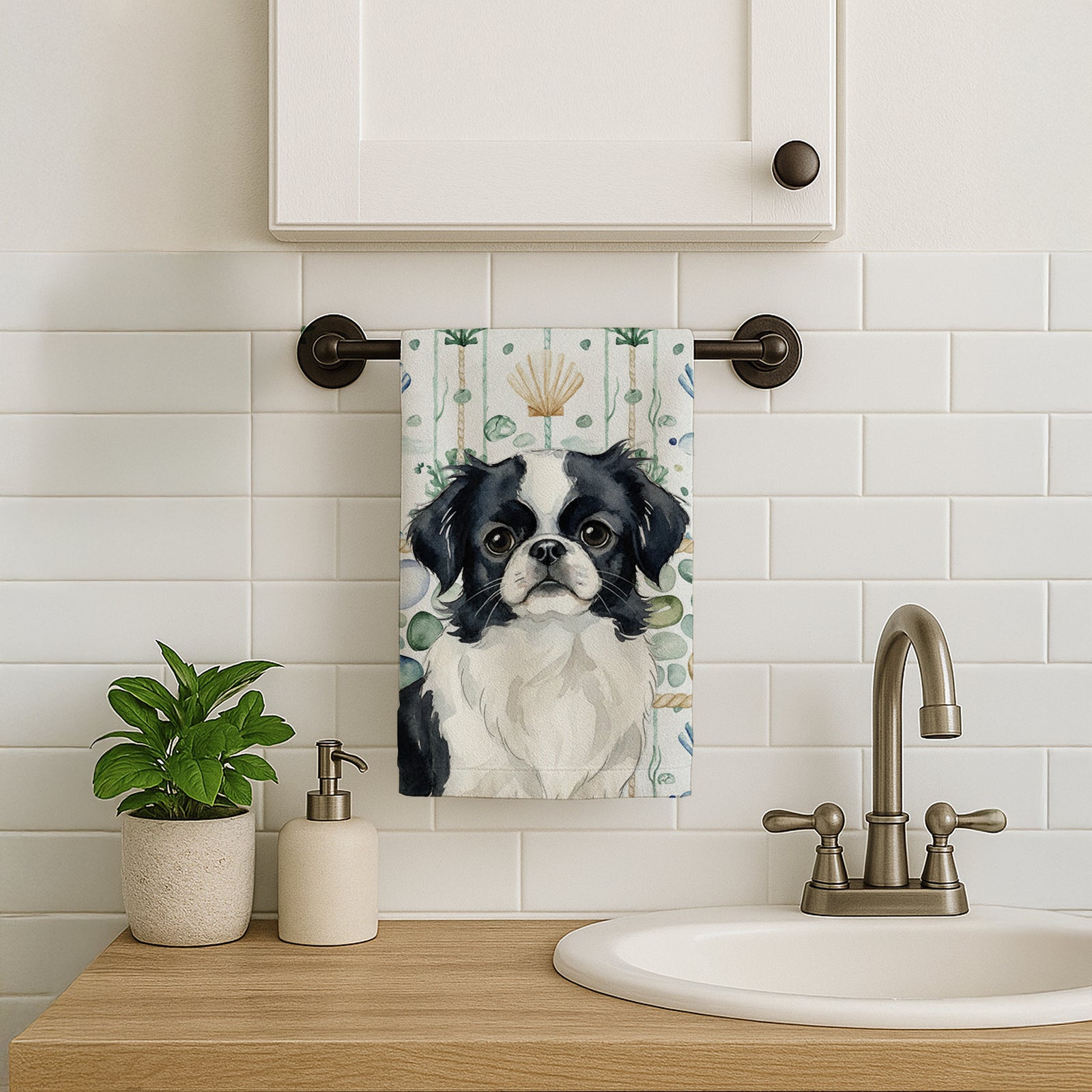 Caroline's Treasures Black and White Japanese Chin Coastal Sea Glass Kitchen Towel