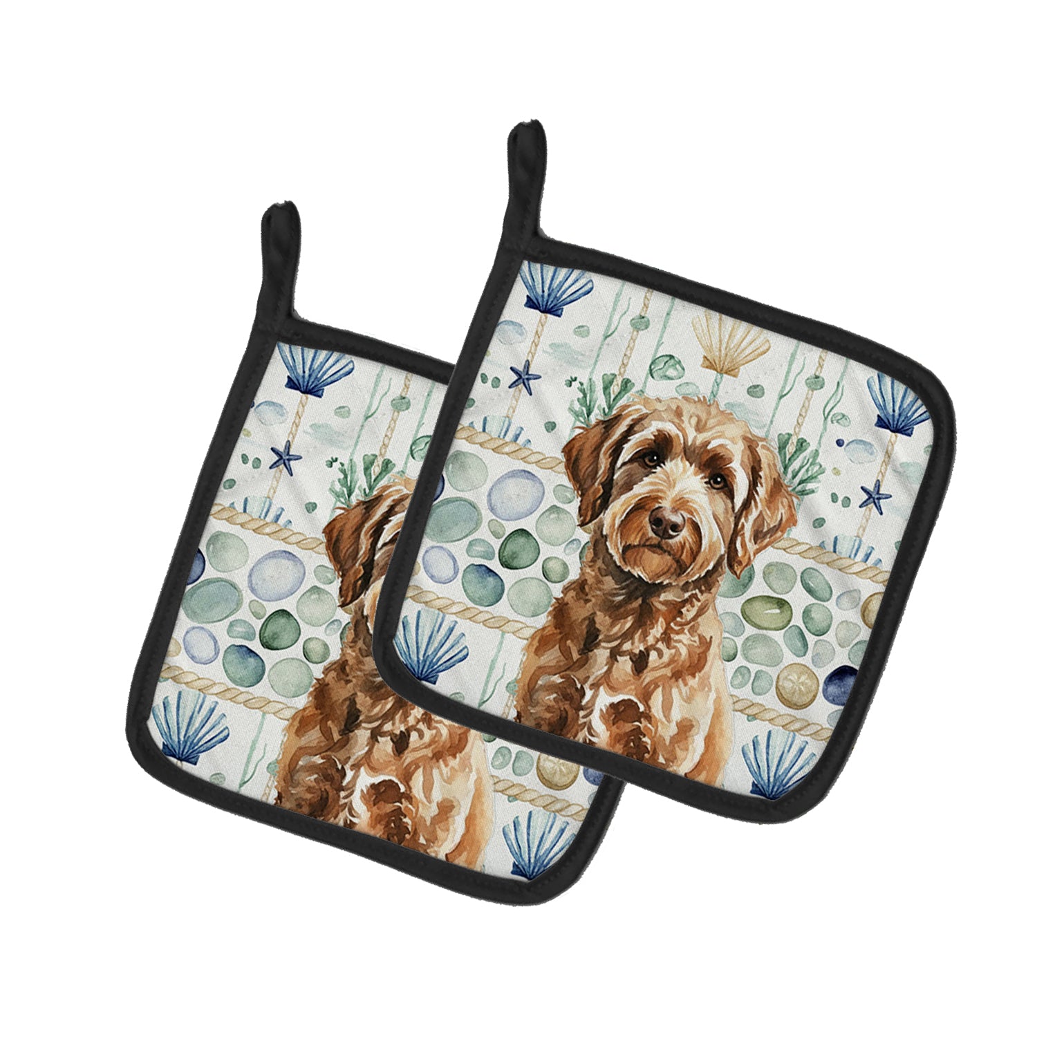 Caroline's Treasures Chocolate Labradoodle Coastal Sea Glass Pair of Pot Holders