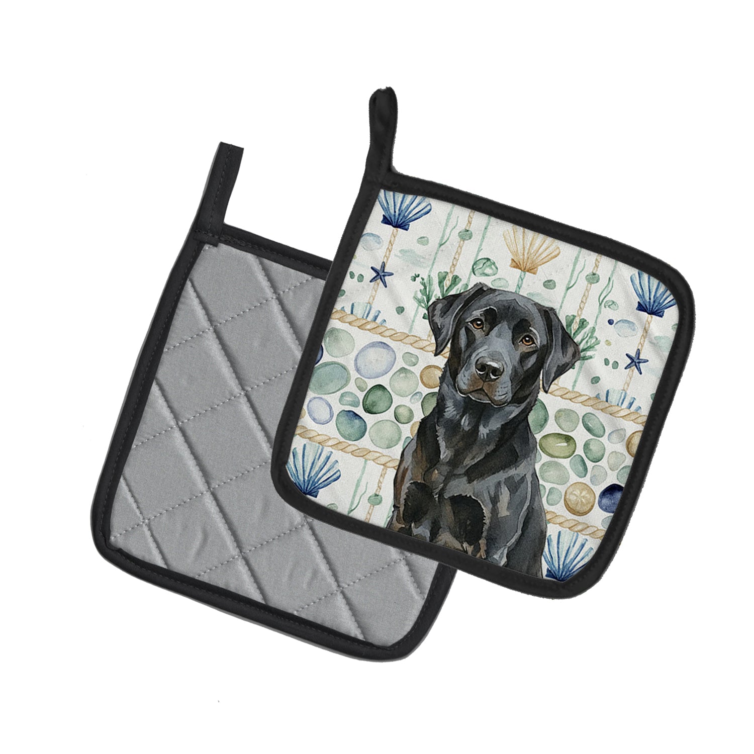 Caroline's Treasures Black Labrador Retriever Coastal Sea Glass Pair of Pot Holders
