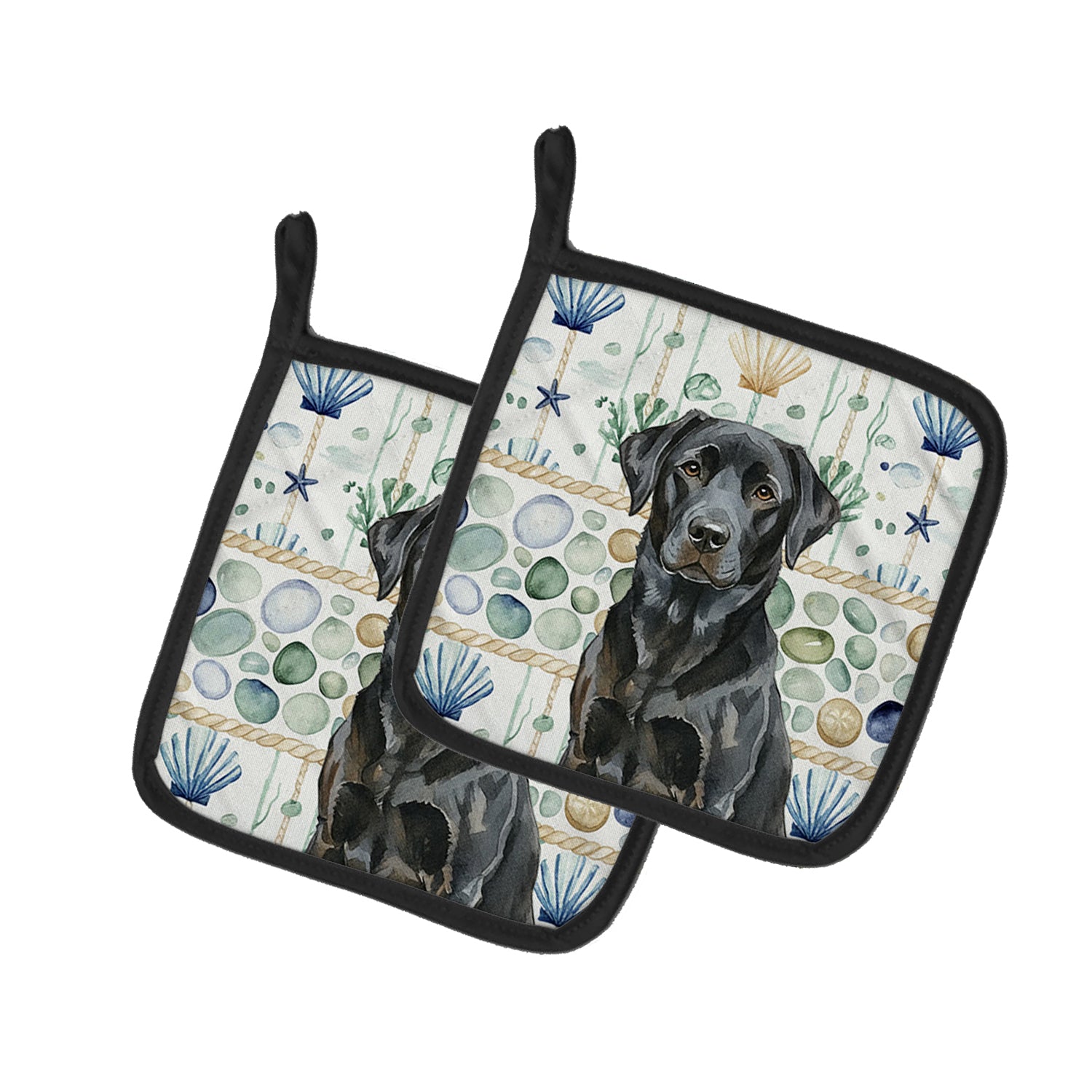 Caroline's Treasures Black Labrador Retriever Coastal Sea Glass Pair of Pot Holders