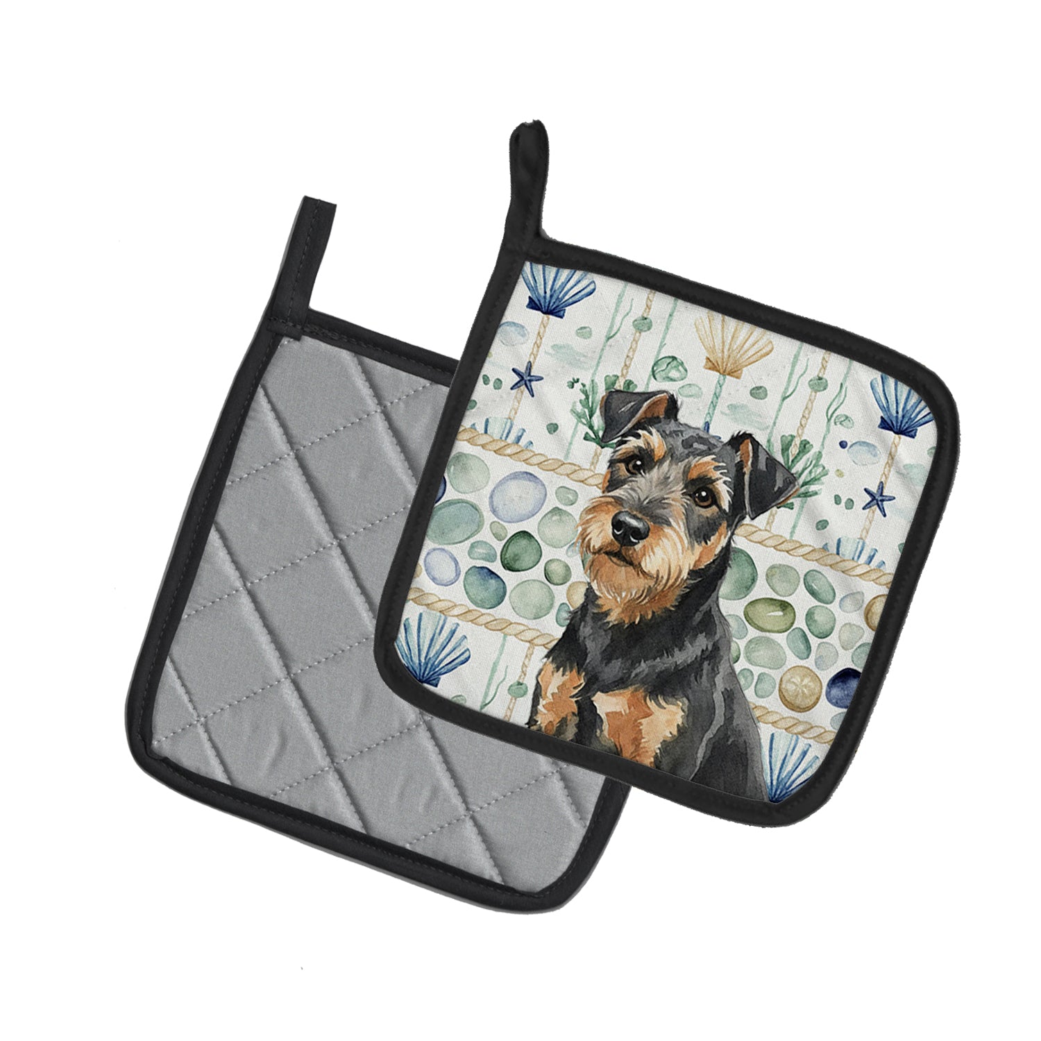 Caroline's Treasures Black and Tan Lakeland Terrier Coastal Sea Glass Pair of Pot Holders