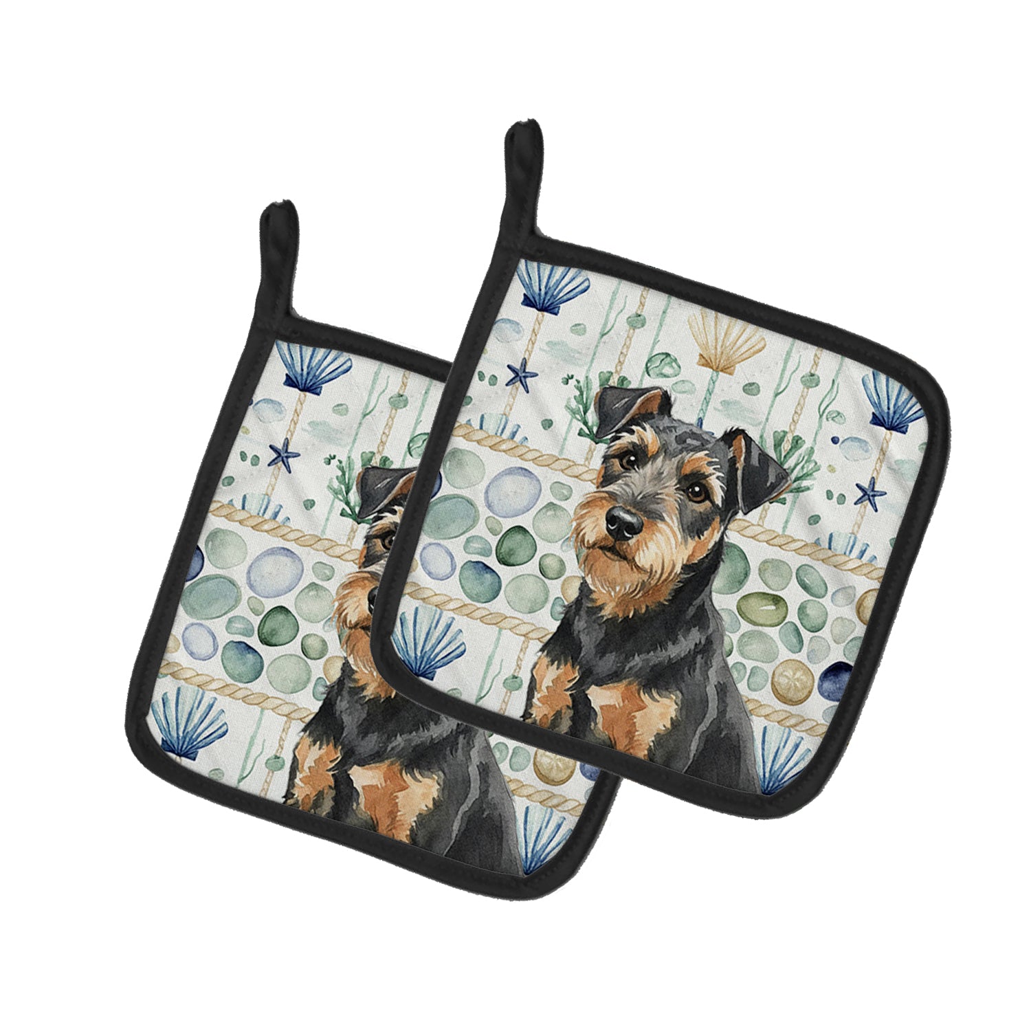 Caroline's Treasures Black and Tan Lakeland Terrier Coastal Sea Glass Pair of Pot Holders