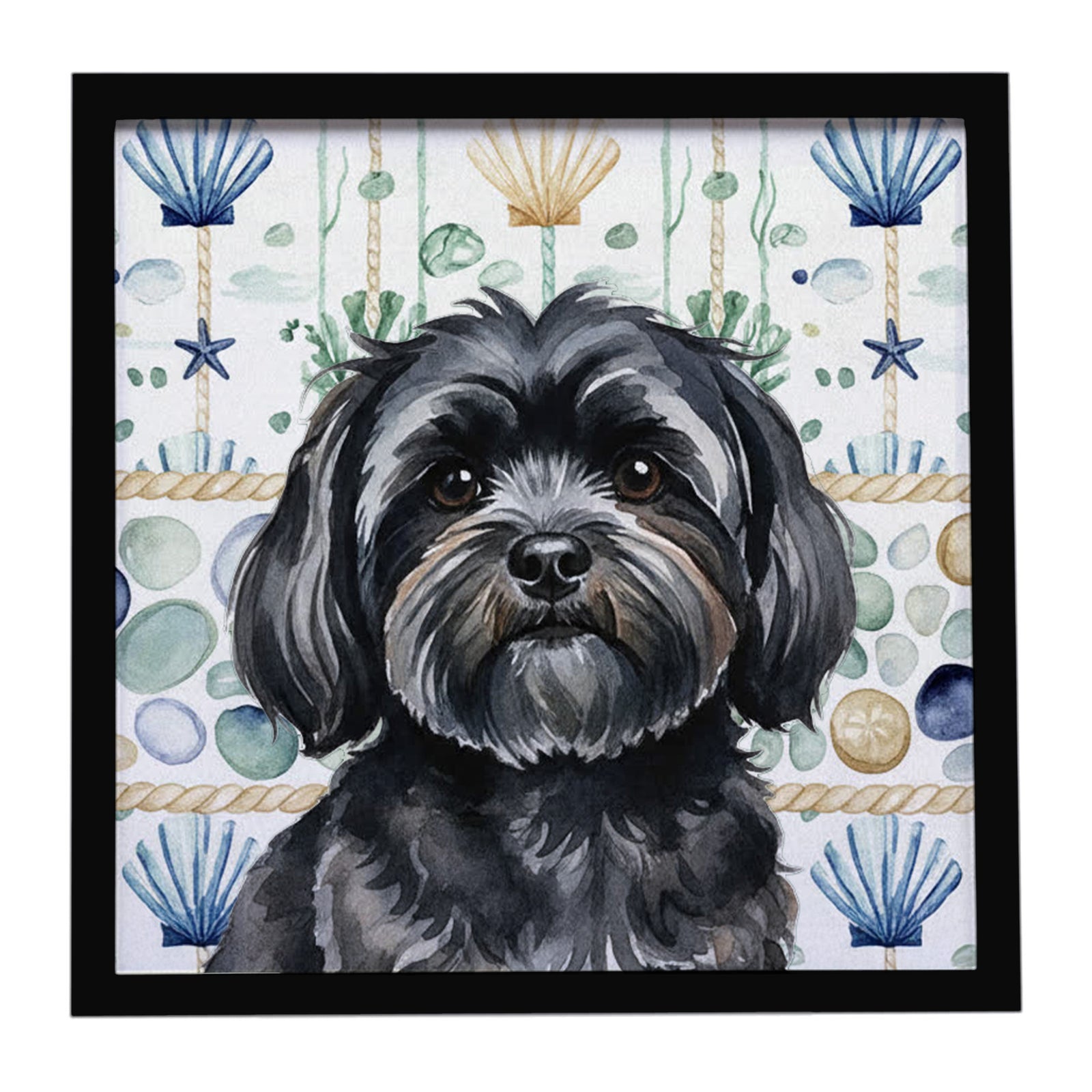 Caroline's Treasures Black Lhasa Apso Coastal Sea Glass Framed Metal Print