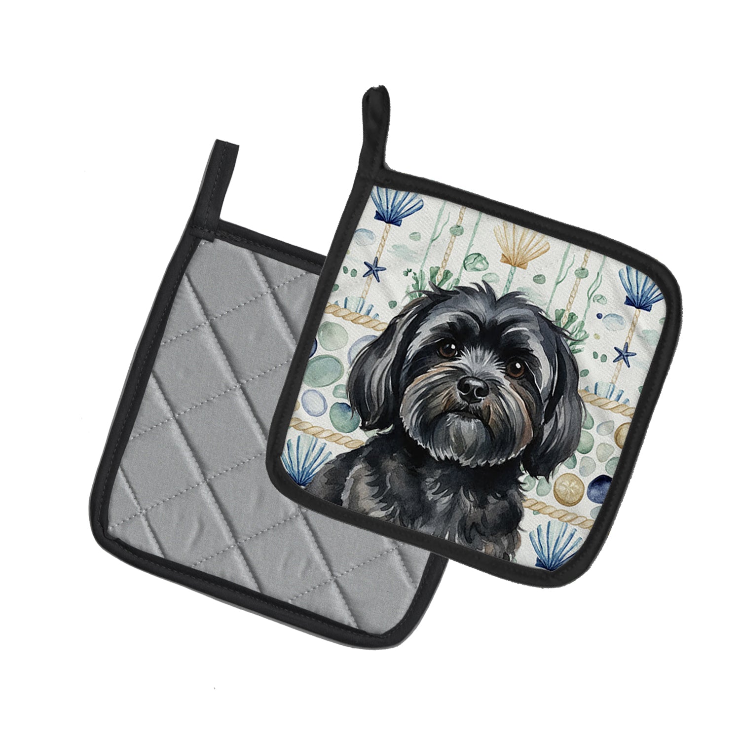 Caroline's Treasures Black Lhasa Apso Coastal Sea Glass Pair of Pot Holders