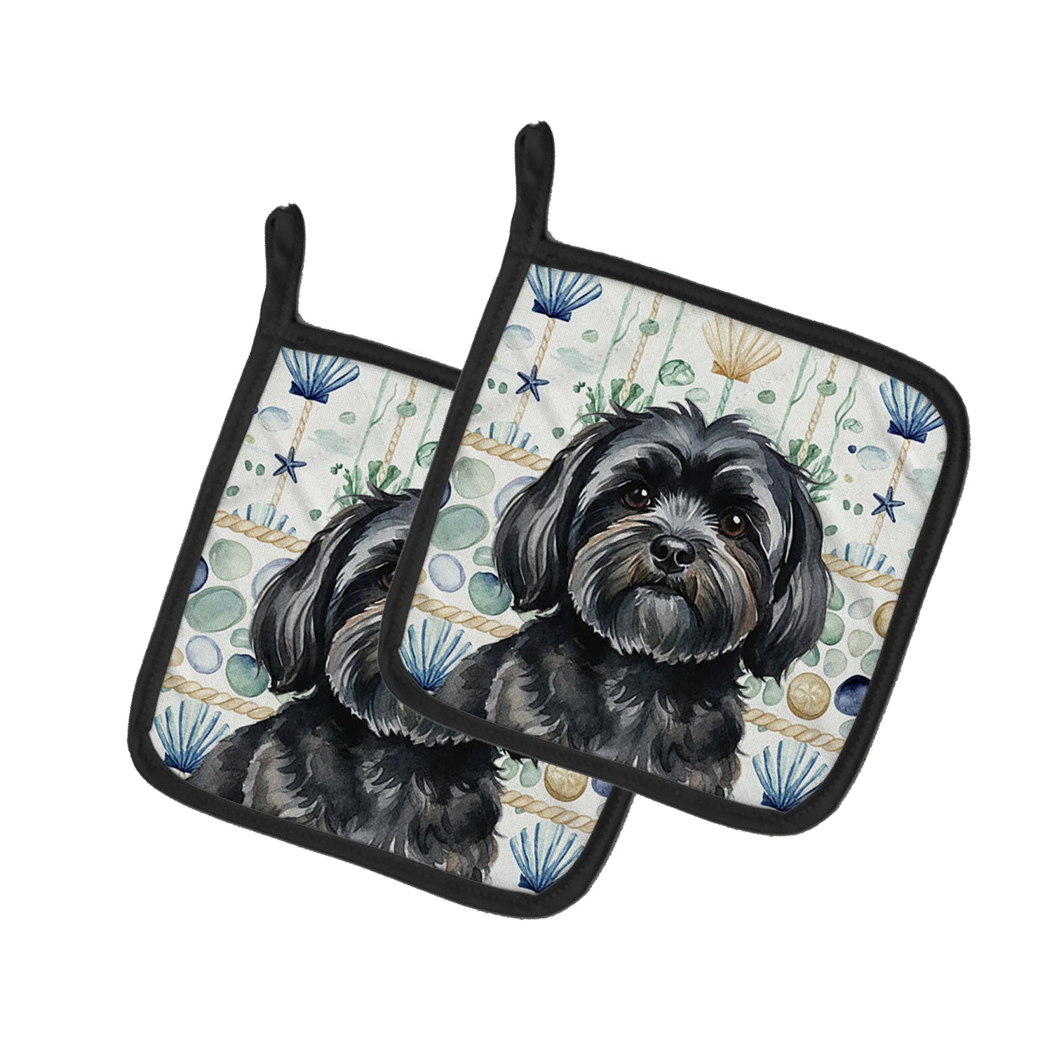 Caroline's Treasures Black Lhasa Apso Coastal Sea Glass Pair of Pot Holders
