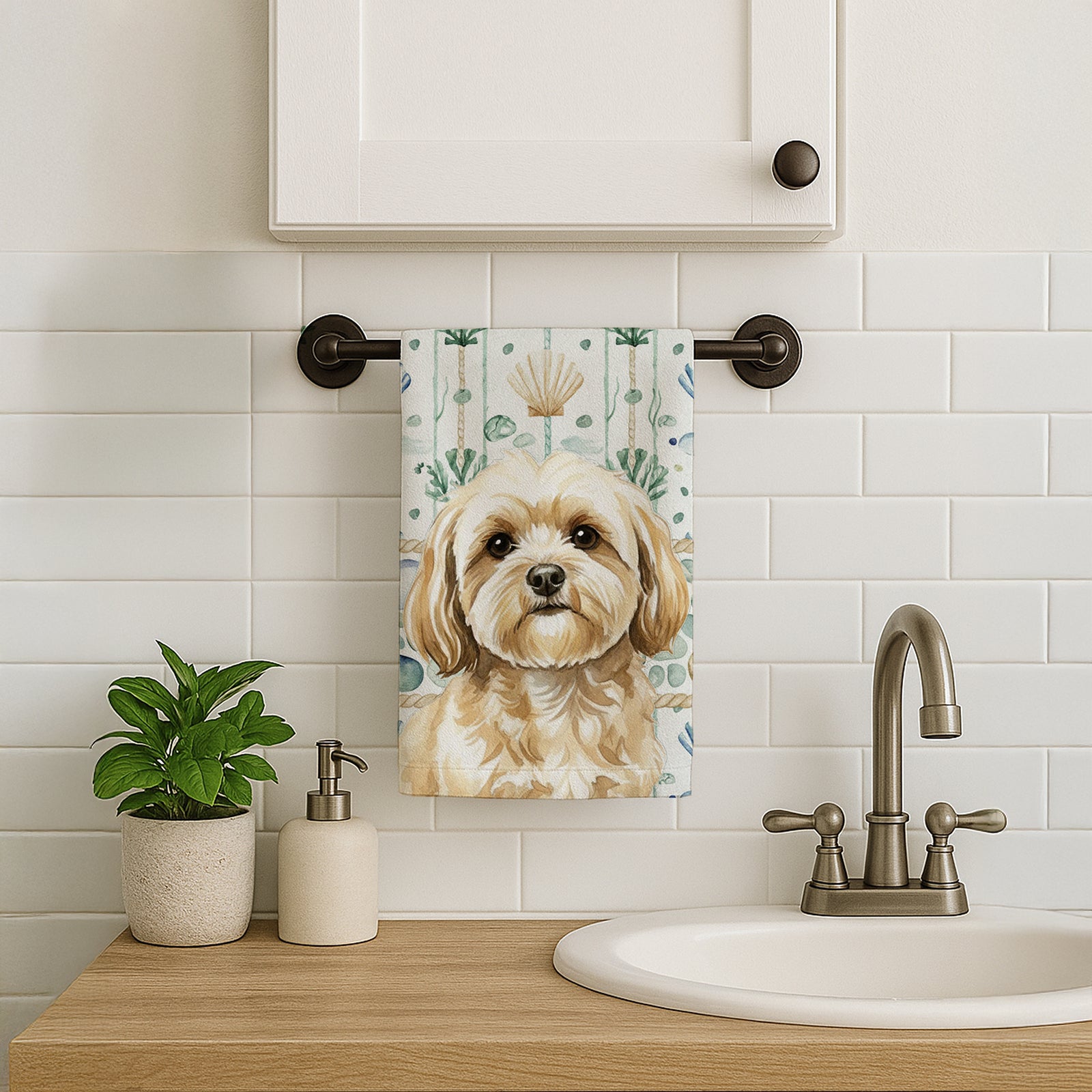 Caroline's Treasures Cream Lhasa Apso Coastal Sea Glass Kitchen Towel