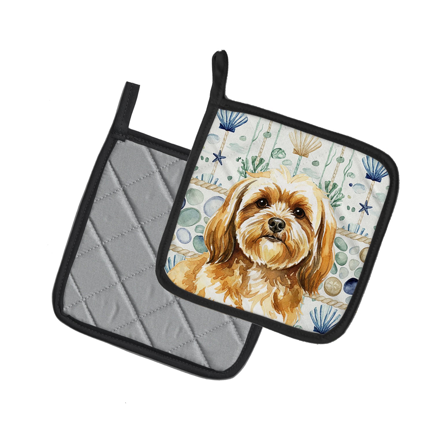 Caroline's Treasures Gold Lhasa Apso Coastal Sea Glass Pair of Pot Holders