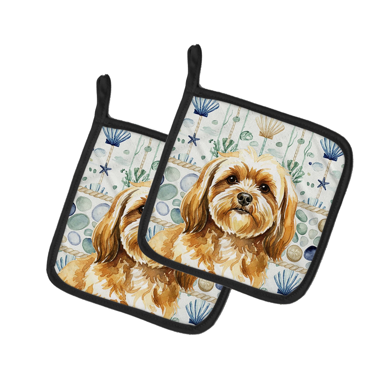 Caroline's Treasures Gold Lhasa Apso Coastal Sea Glass Pair of Pot Holders