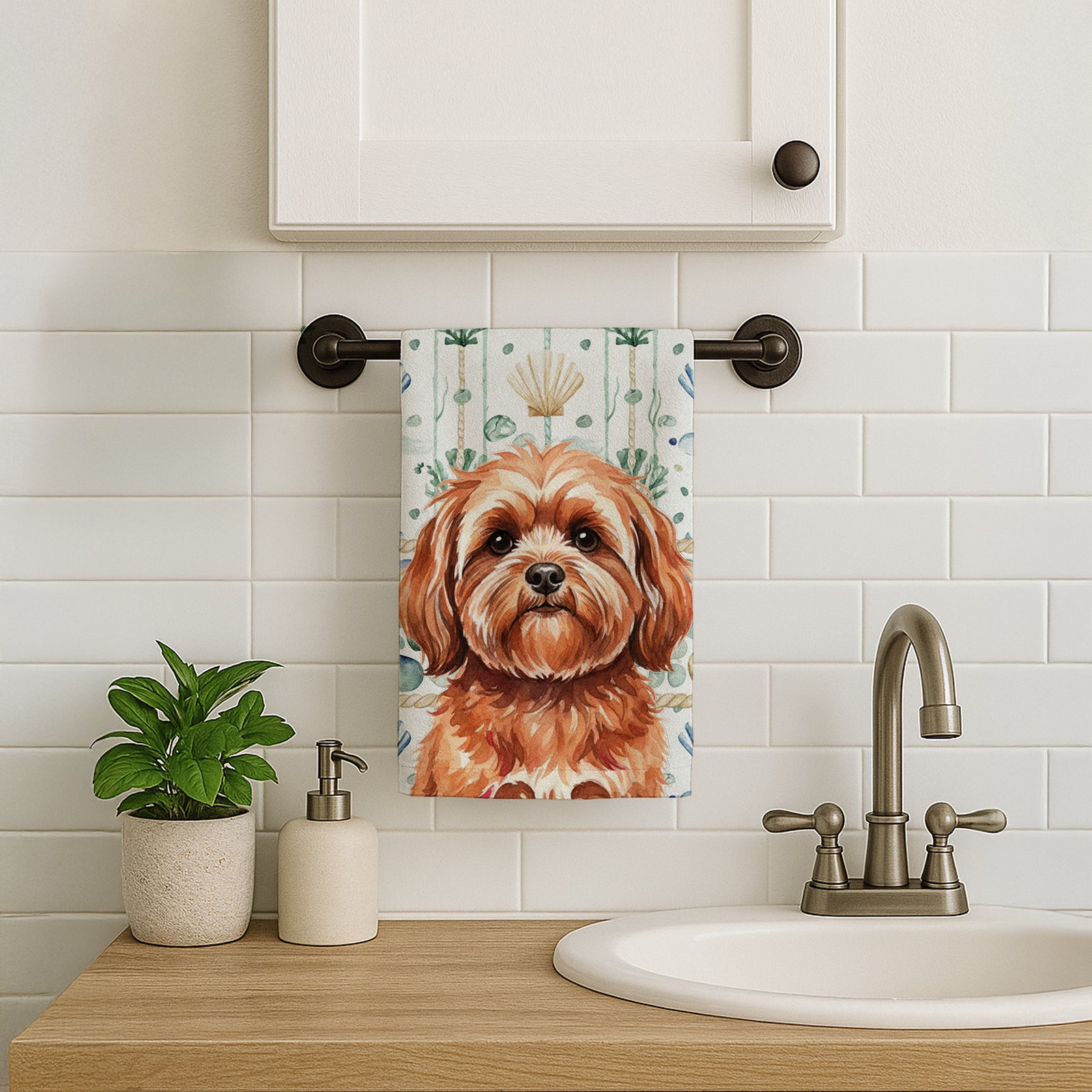 Caroline's Treasures Red Lhasa Apso Coastal Sea Glass Kitchen Towel