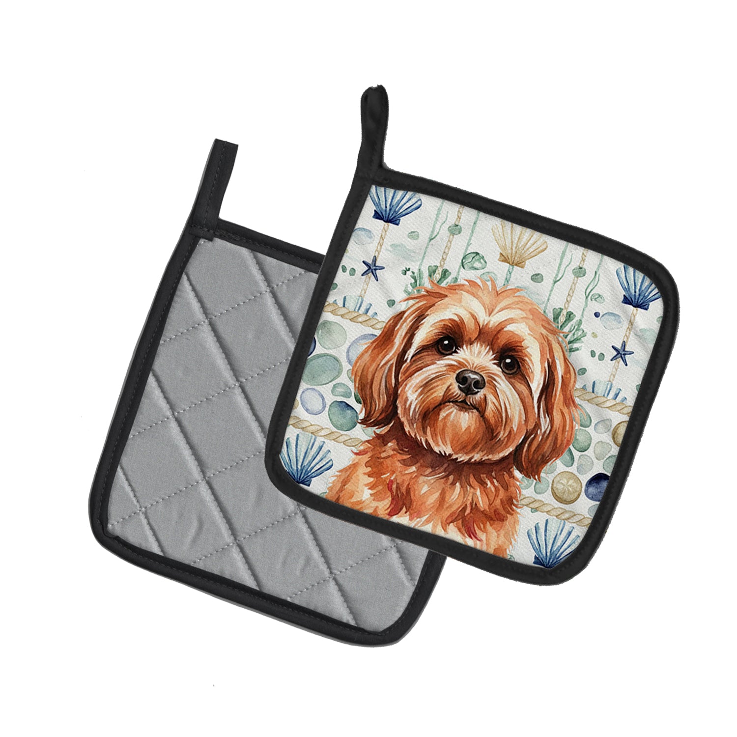 Caroline's Treasures Red Lhasa Apso Coastal Sea Glass Pair of Pot Holders