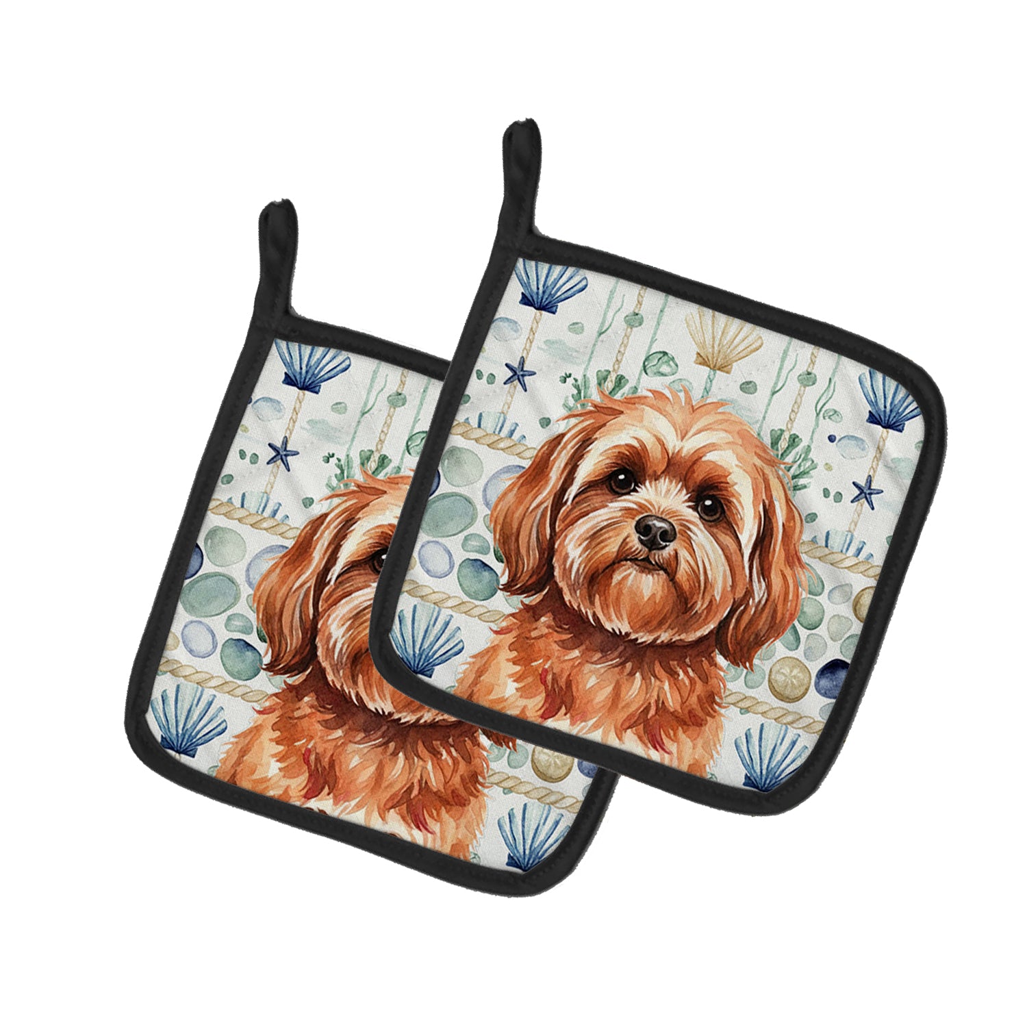 Caroline's Treasures Red Lhasa Apso Coastal Sea Glass Pair of Pot Holders