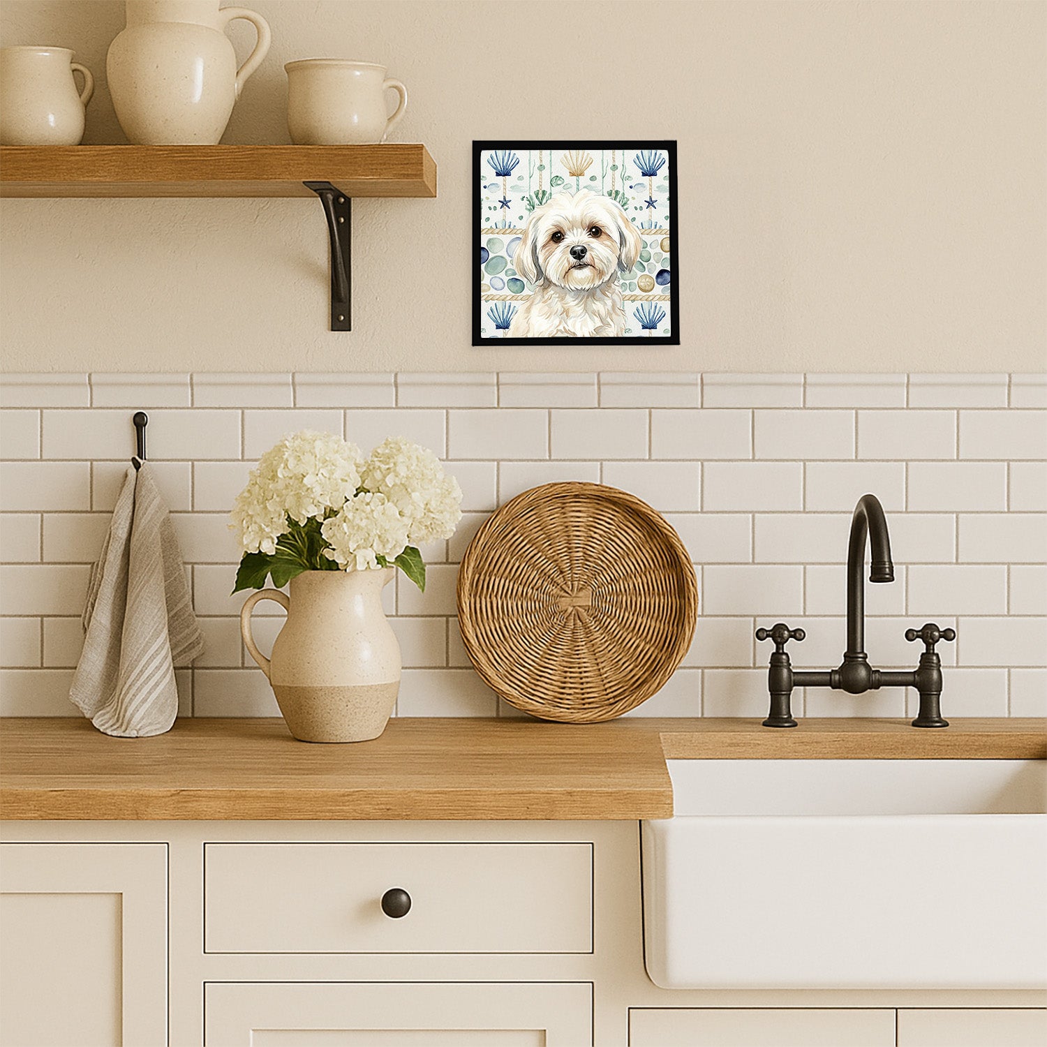 Caroline's Treasures White Lhasa Apso Coastal Sea Glass Framed Metal Print