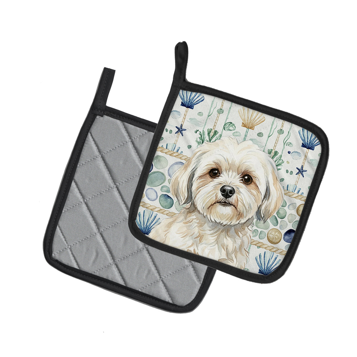 Caroline's Treasures White Lhasa Apso Coastal Sea Glass Pair of Pot Holders