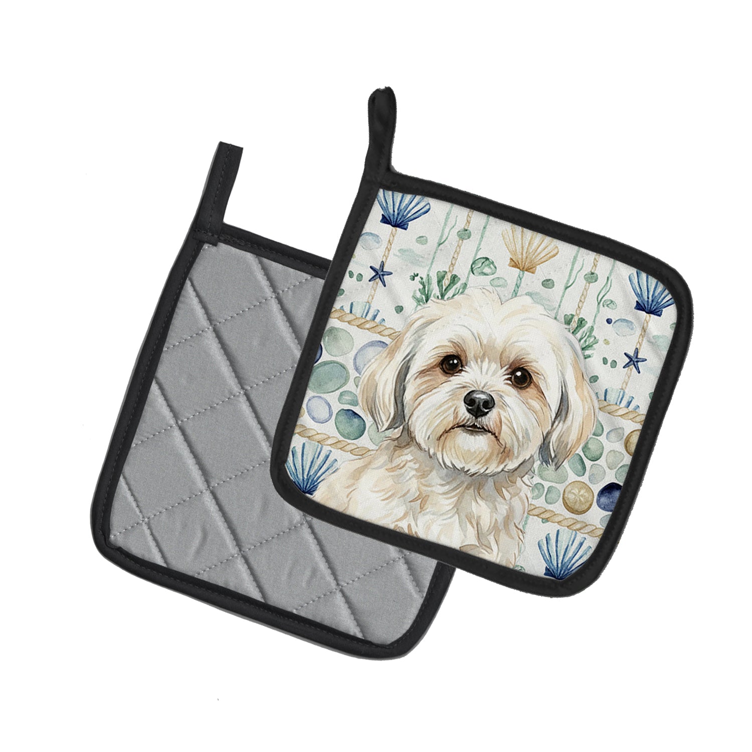 Caroline's Treasures White Lhasa Apso Coastal Sea Glass Pair of Pot Holders