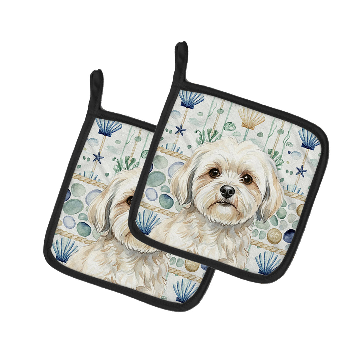 Caroline's Treasures White Lhasa Apso Coastal Sea Glass Pair of Pot Holders