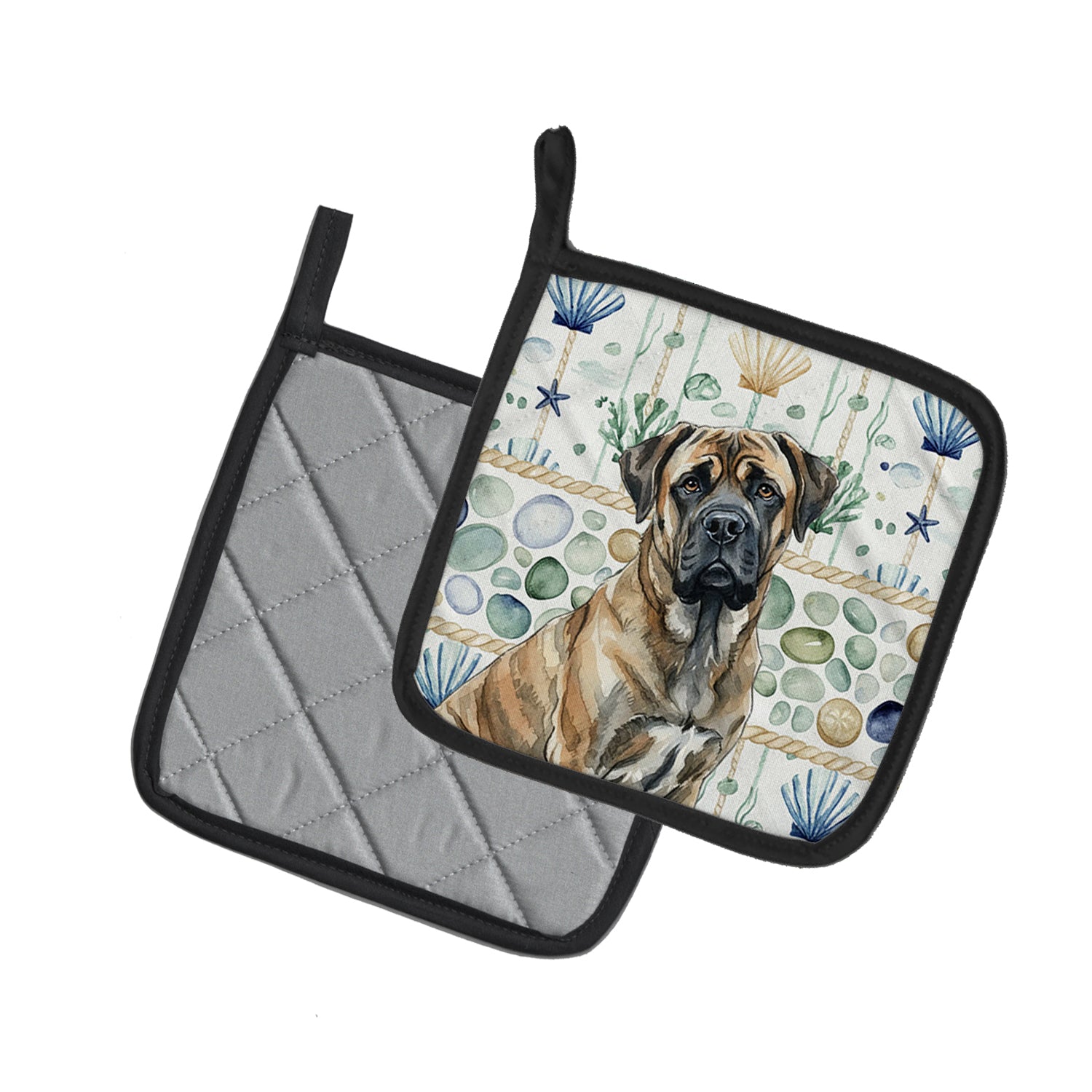 Caroline's Treasures Brindle Mastiff Coastal Sea Glass Pair of Pot Holders