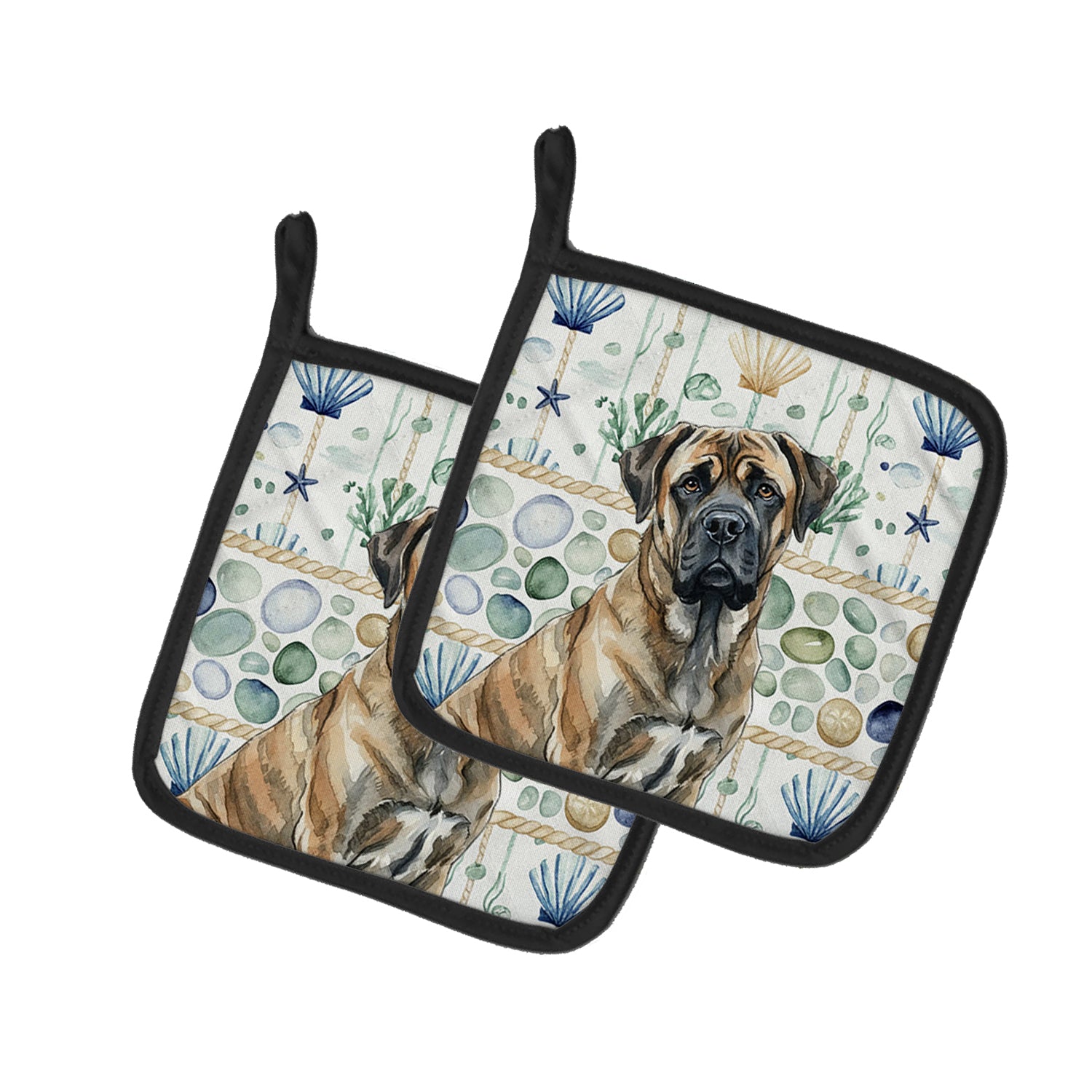 Caroline's Treasures Brindle Mastiff Coastal Sea Glass Pair of Pot Holders