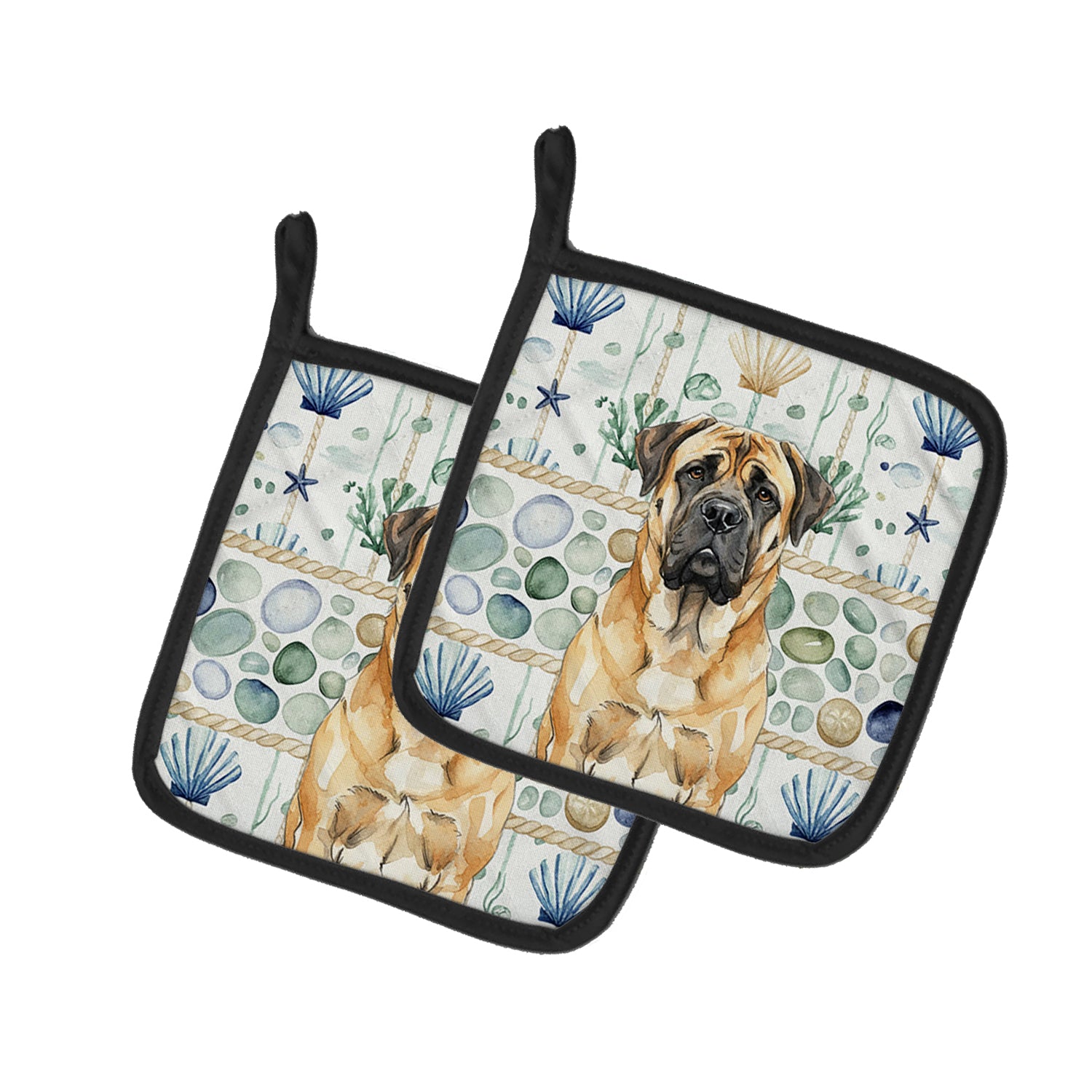 Caroline's Treasures Fawn Mastiff Coastal Sea Glass Pair of Pot Holders