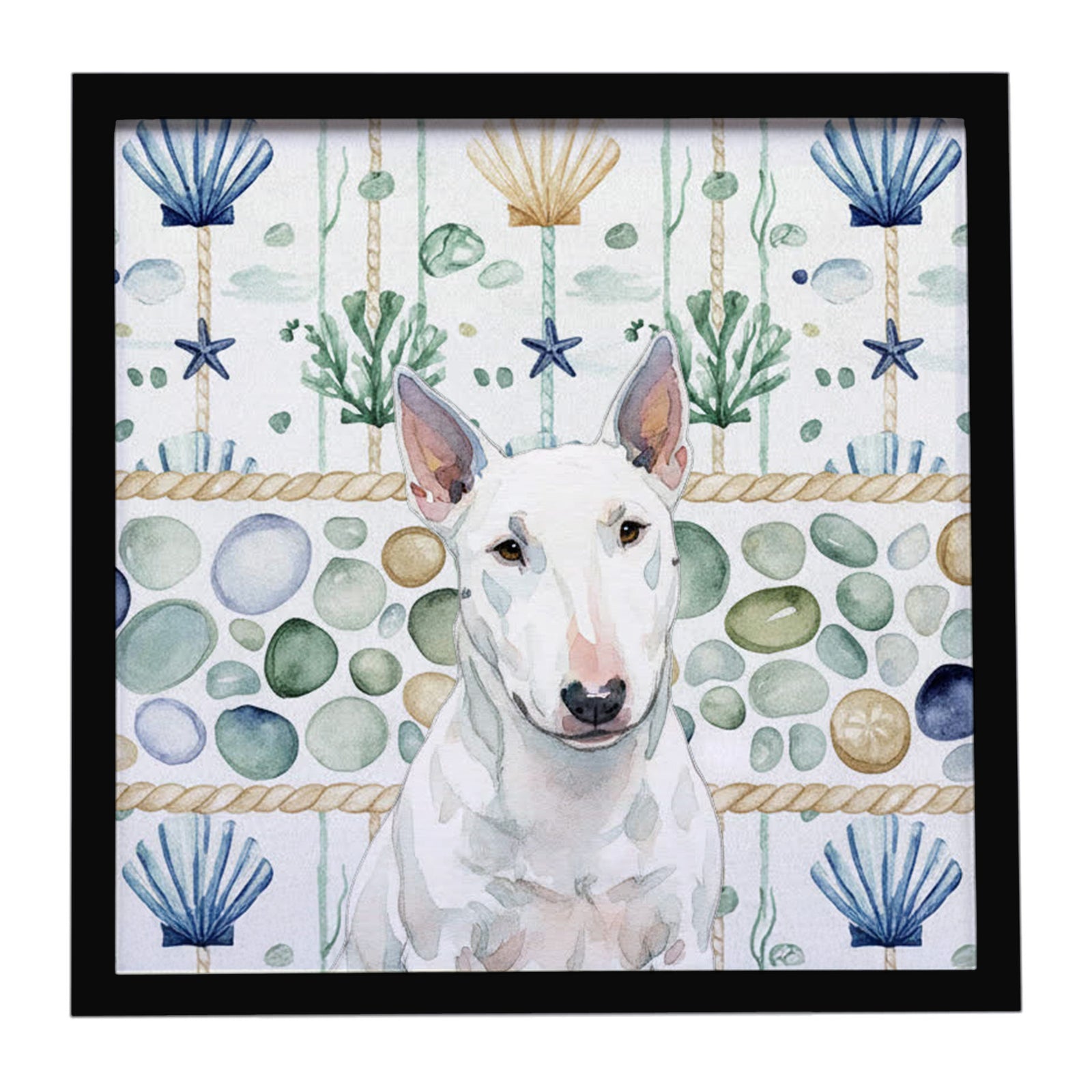 Caroline's Treasures White Miniature Bull Terrier Coastal Sea Glass Framed Metal Print
