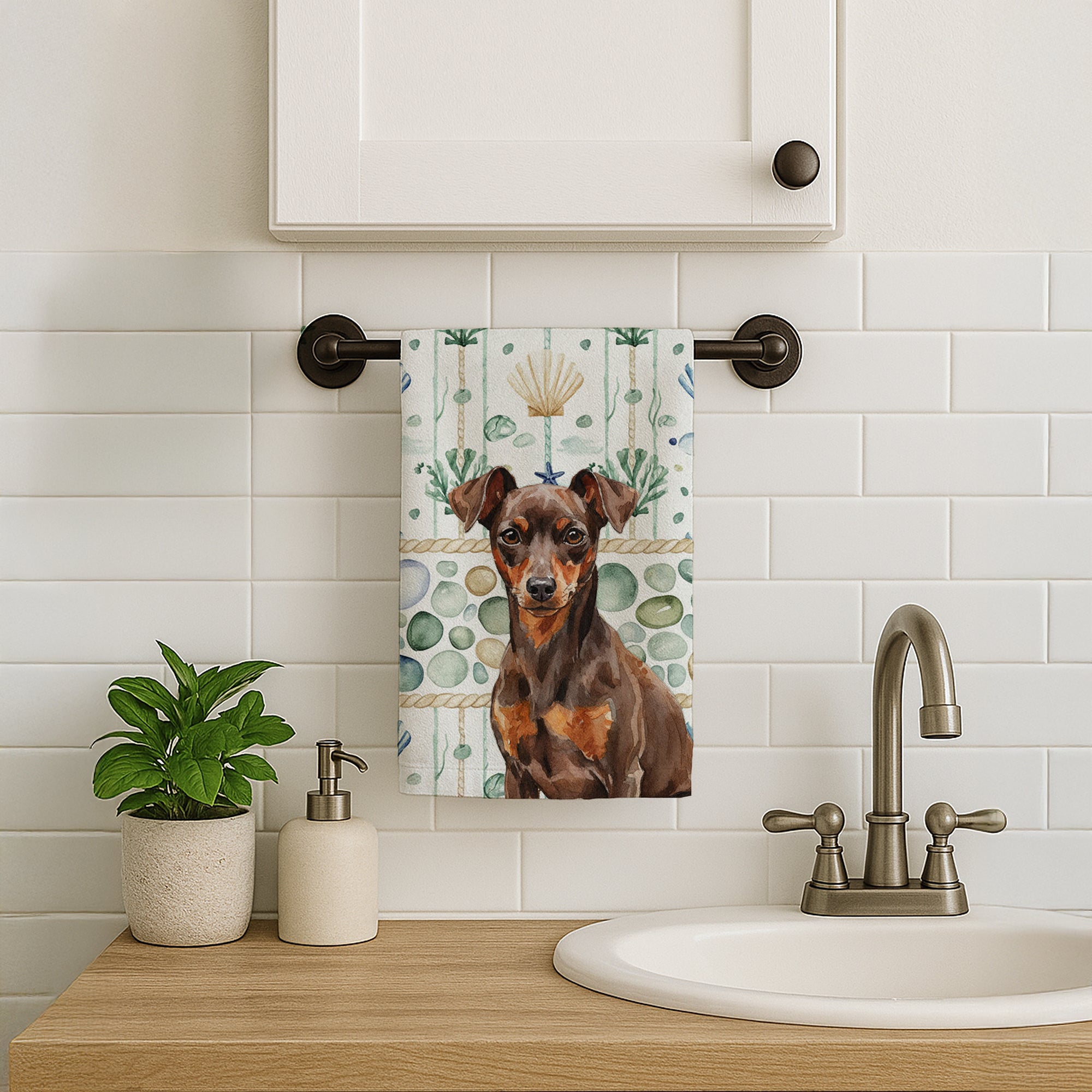 Caroline's Treasures Chocolate and Rust Miniature Pinscher Min Pin Coastal Sea Glass Kitchen Towel