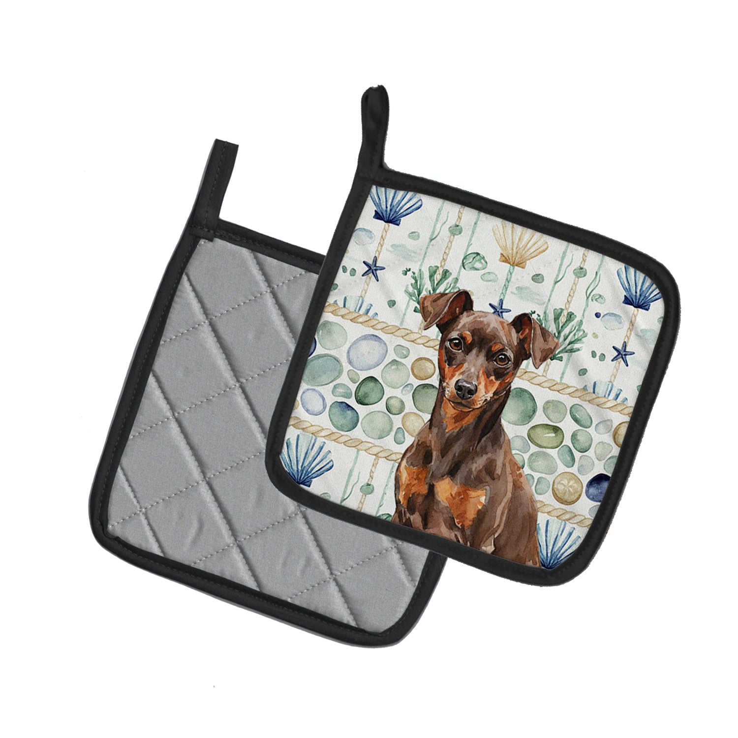 Caroline's Treasures Chocolate and Rust Miniature Pinscher Min Pin Coastal Sea Glass Pair of Pot Holders
