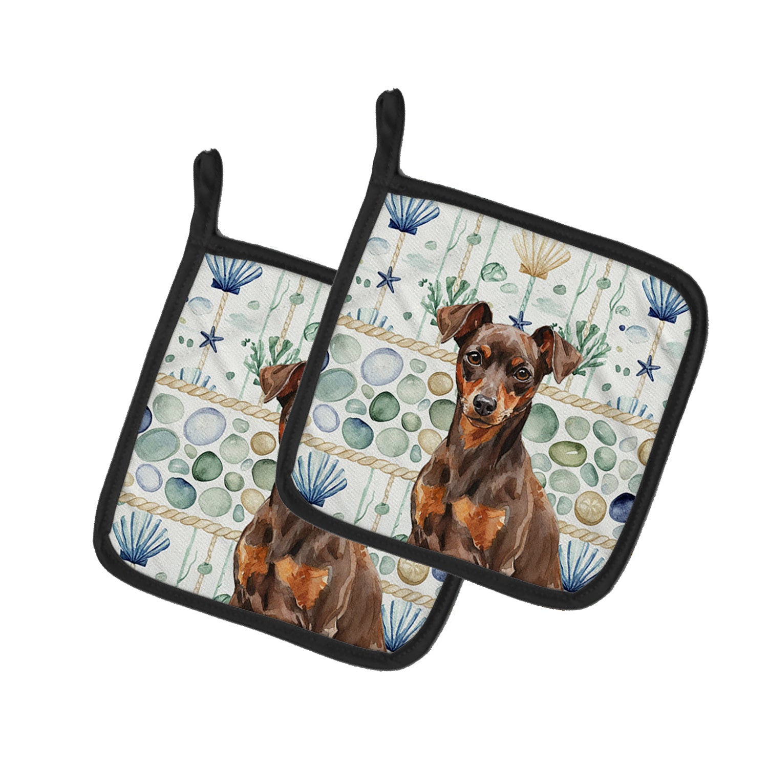 Caroline's Treasures Chocolate and Rust Miniature Pinscher Min Pin Coastal Sea Glass Pair of Pot Holders