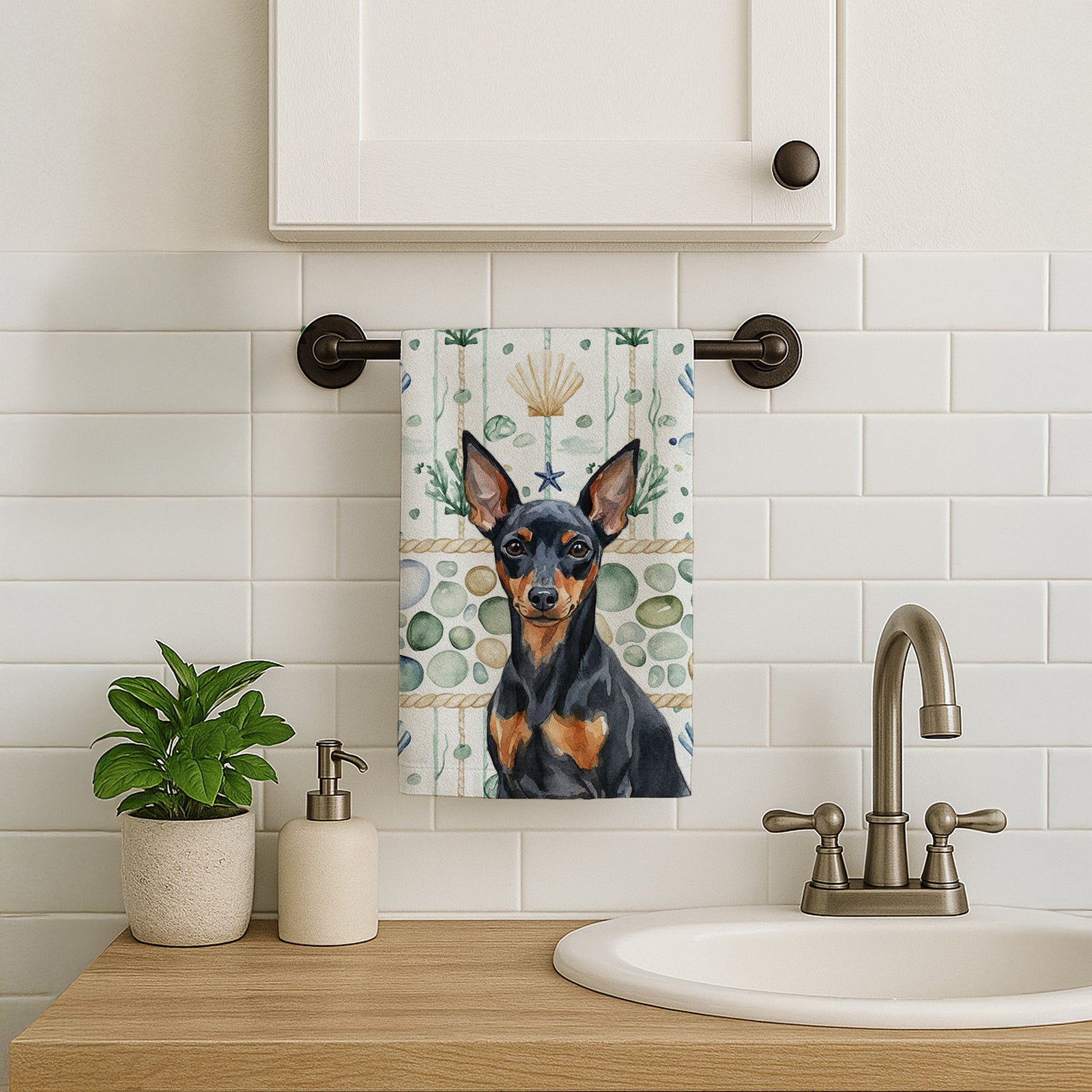 Caroline's Treasures Black and Tan Miniature Pinscher Coastal Sea Glass Kitchen Towel