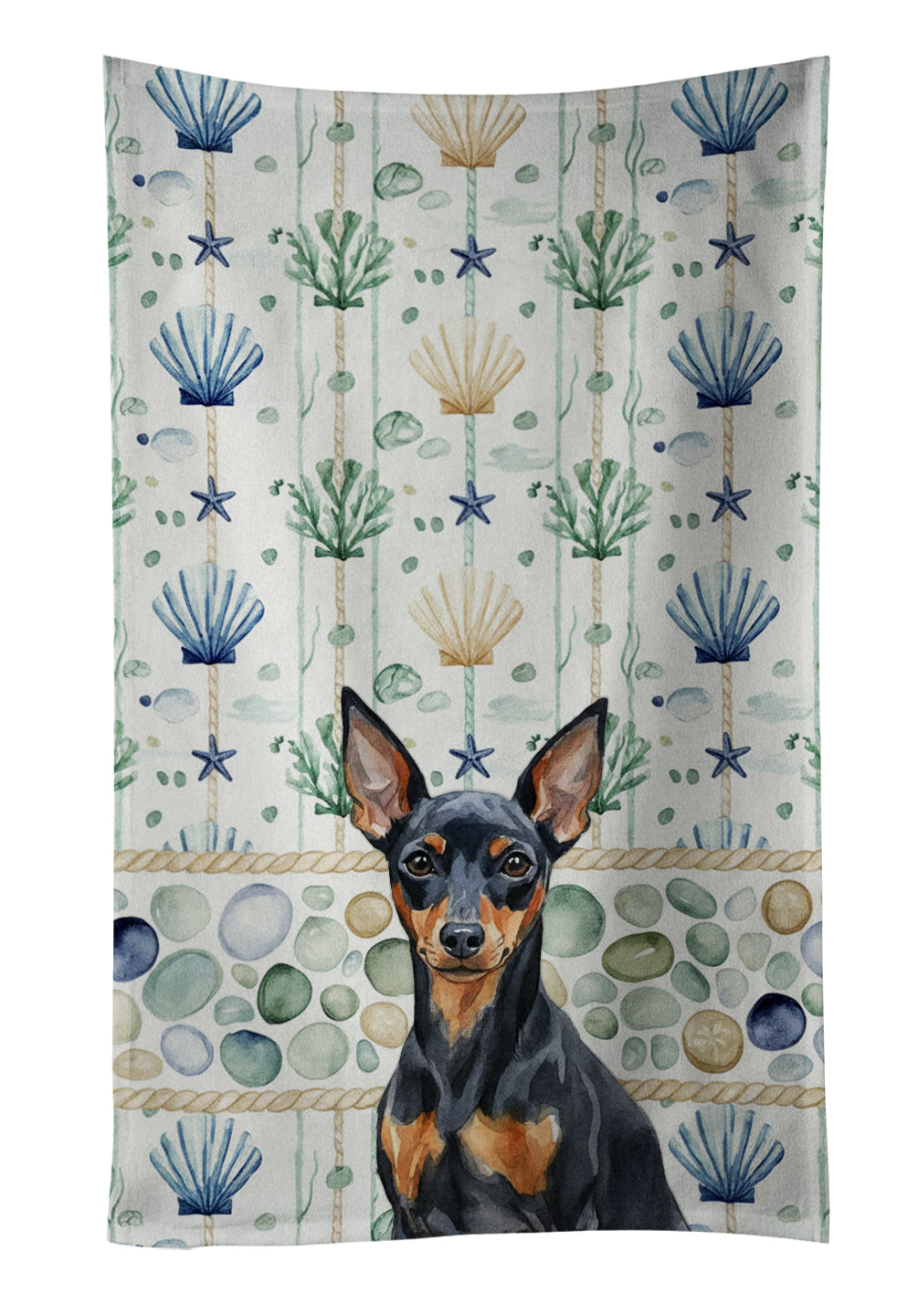 Caroline's Treasures Black and Tan Miniature Pinscher Coastal Sea Glass Kitchen Towel