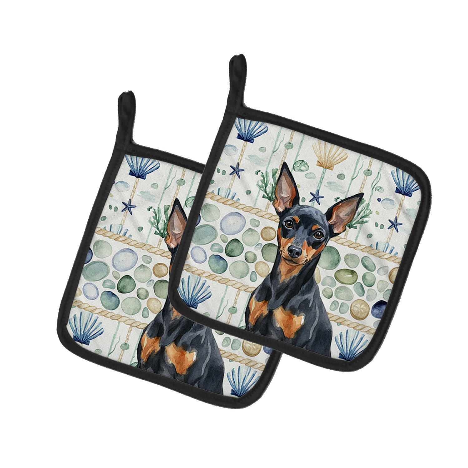 Caroline's Treasures Black and Tan Miniature Pinscher Coastal Sea Glass Pair of Pot Holders
