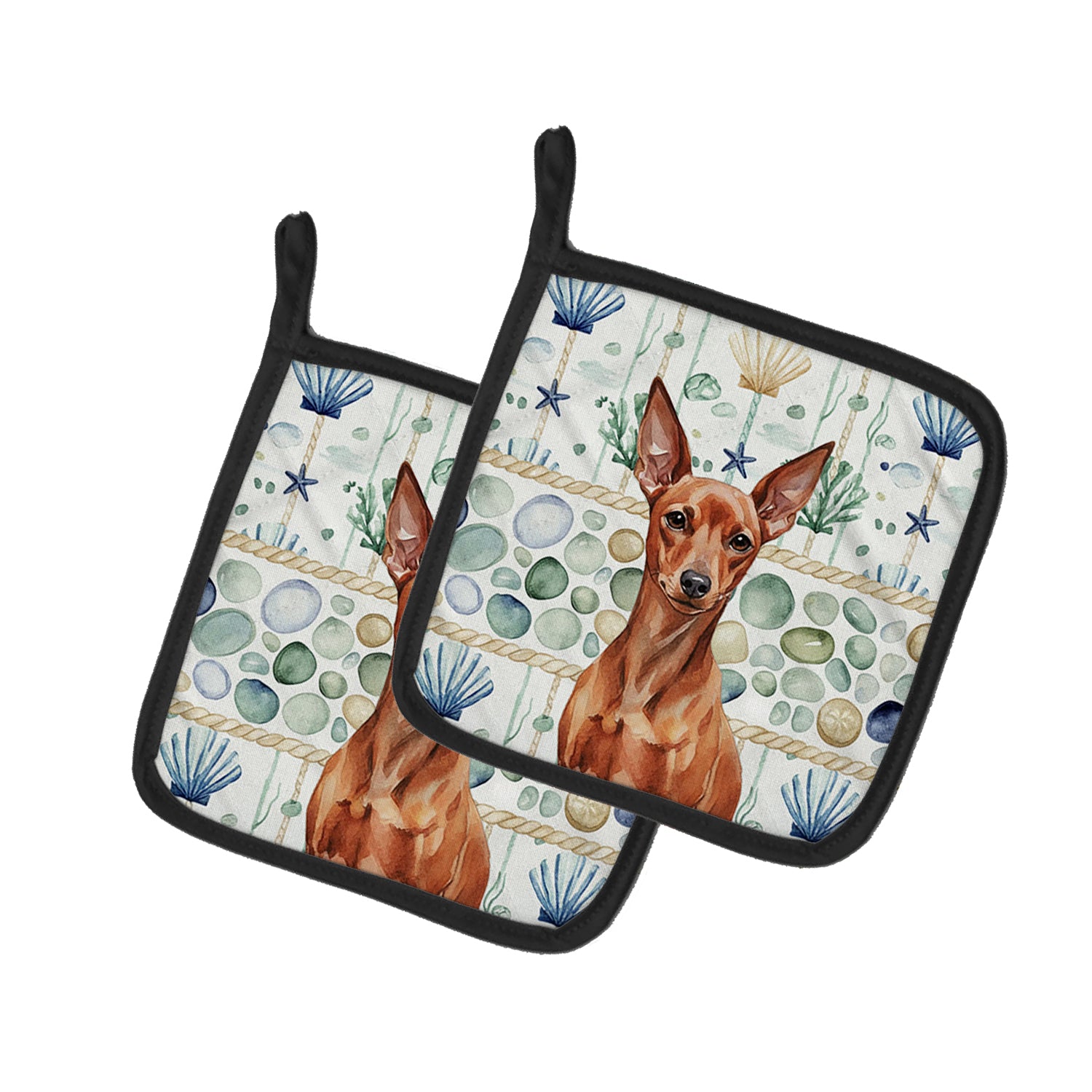 Caroline's Treasures Red Miniature Pinscher Min Pin Coastal Sea Glass Pair of Pot Holders