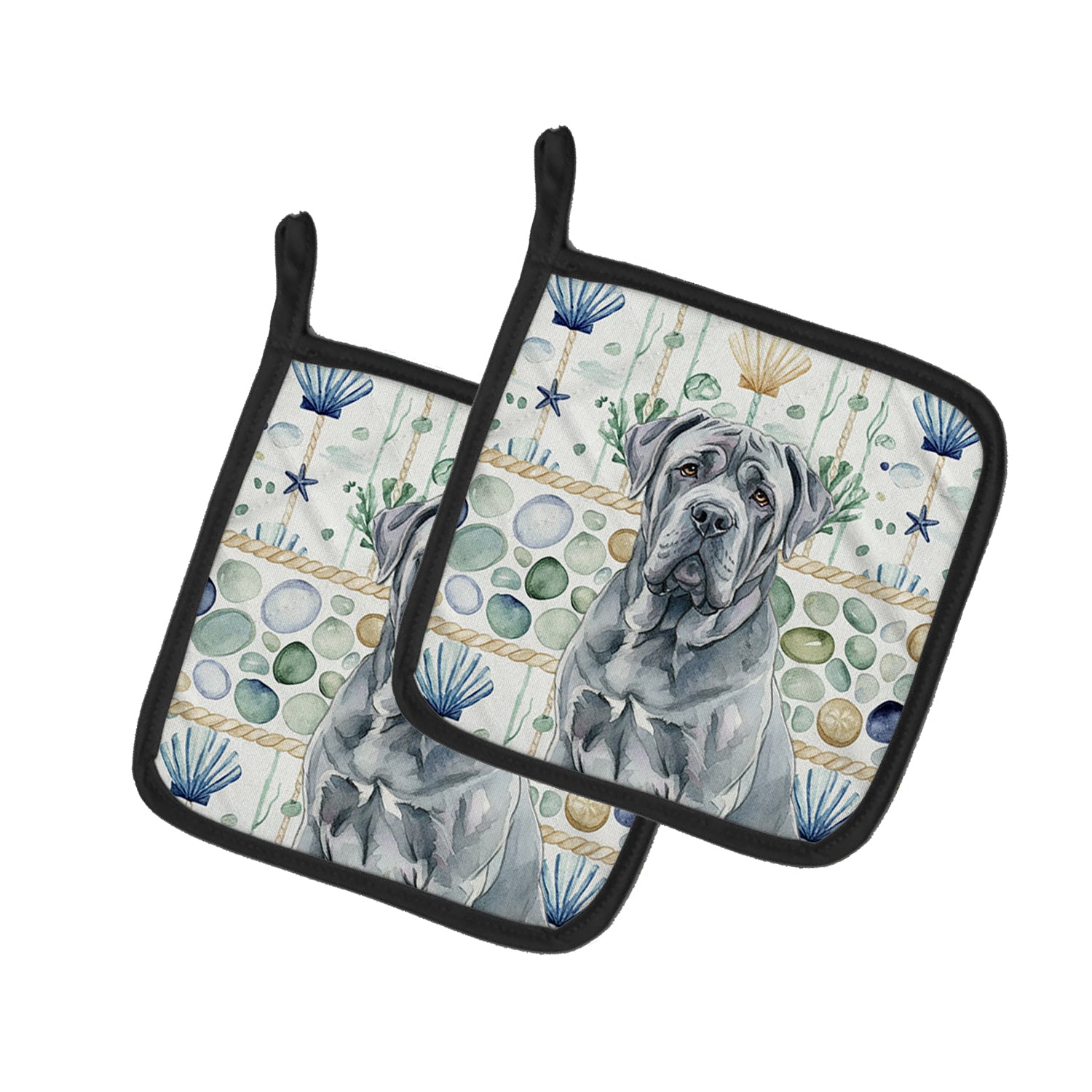 Caroline's Treasures Blue Neapolitan Mastiff Coastal Sea Glass Pair of Pot Holders