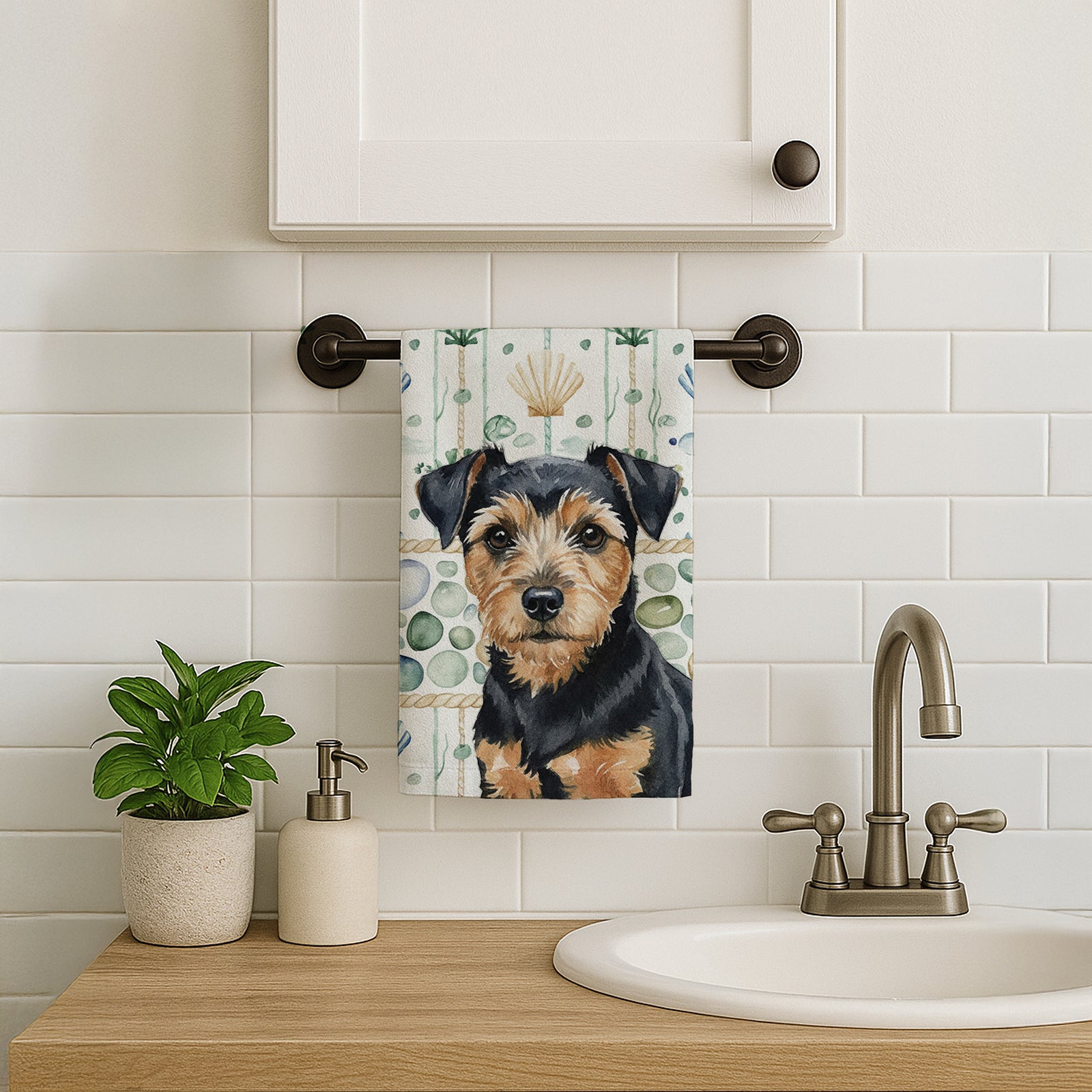 Caroline's Treasures Black and Tan Norfolk Terrier Coastal Sea Glass Kitchen Towel