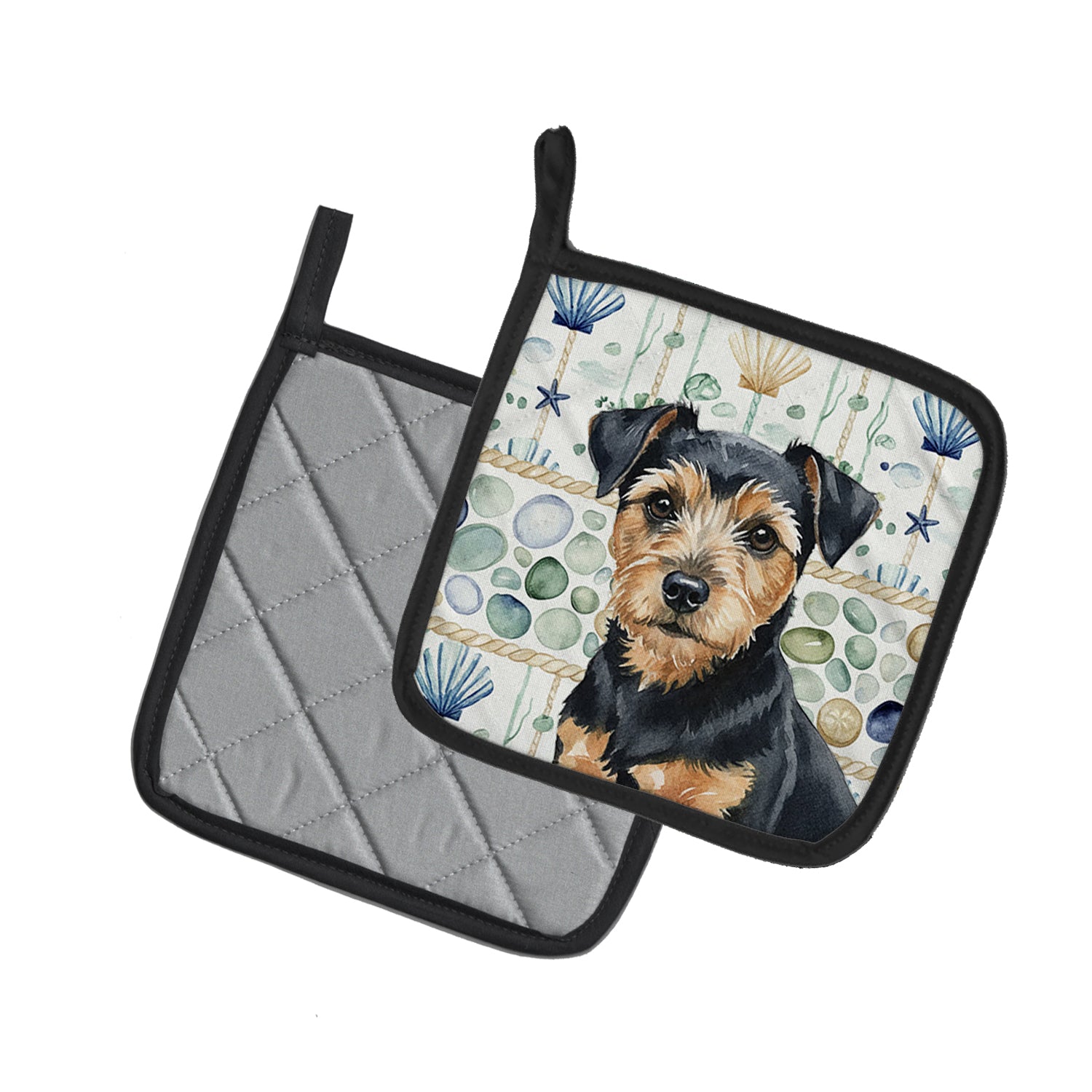 Caroline's Treasures Black and Tan Norfolk Terrier Coastal Sea Glass Pair of Pot Holders
