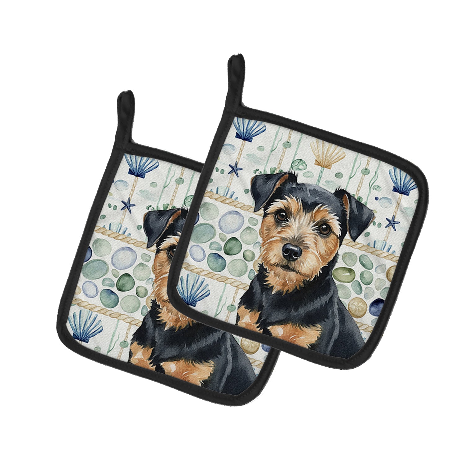 Caroline's Treasures Black and Tan Norfolk Terrier Coastal Sea Glass Pair of Pot Holders