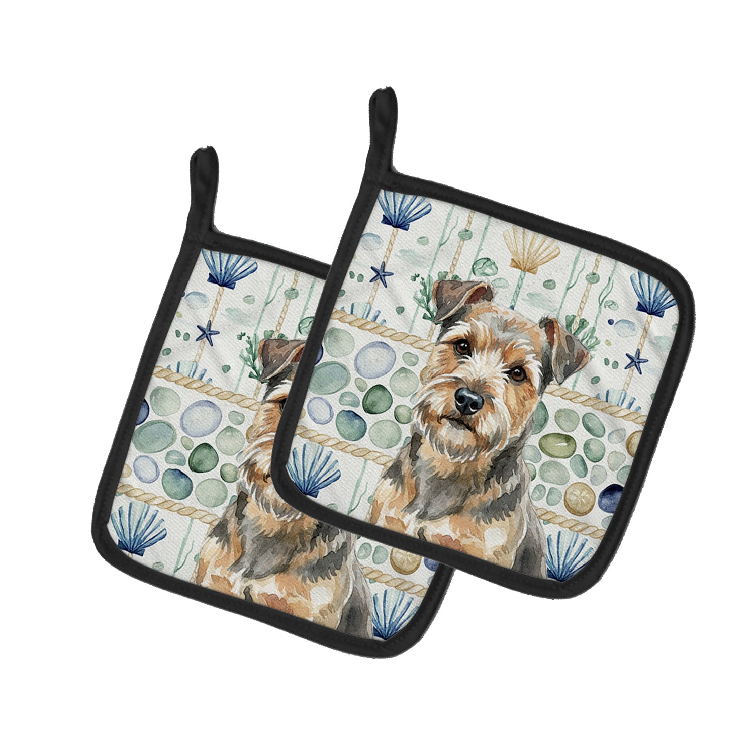 Caroline's Treasures Grizzle and Tan Norfolk Terrier Coastal Sea Glass Pair of Pot Holders
