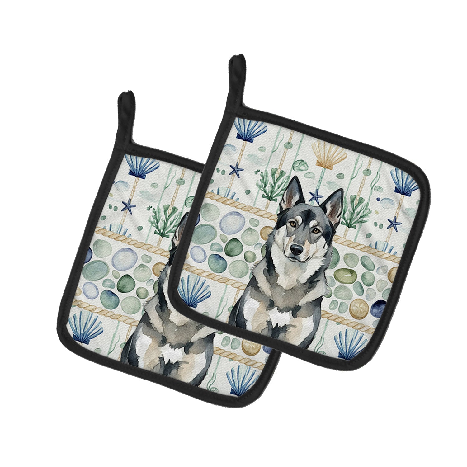 Caroline's Treasures Norwegian Elkhound Coastal Sea Glass Pair of Pot Holders