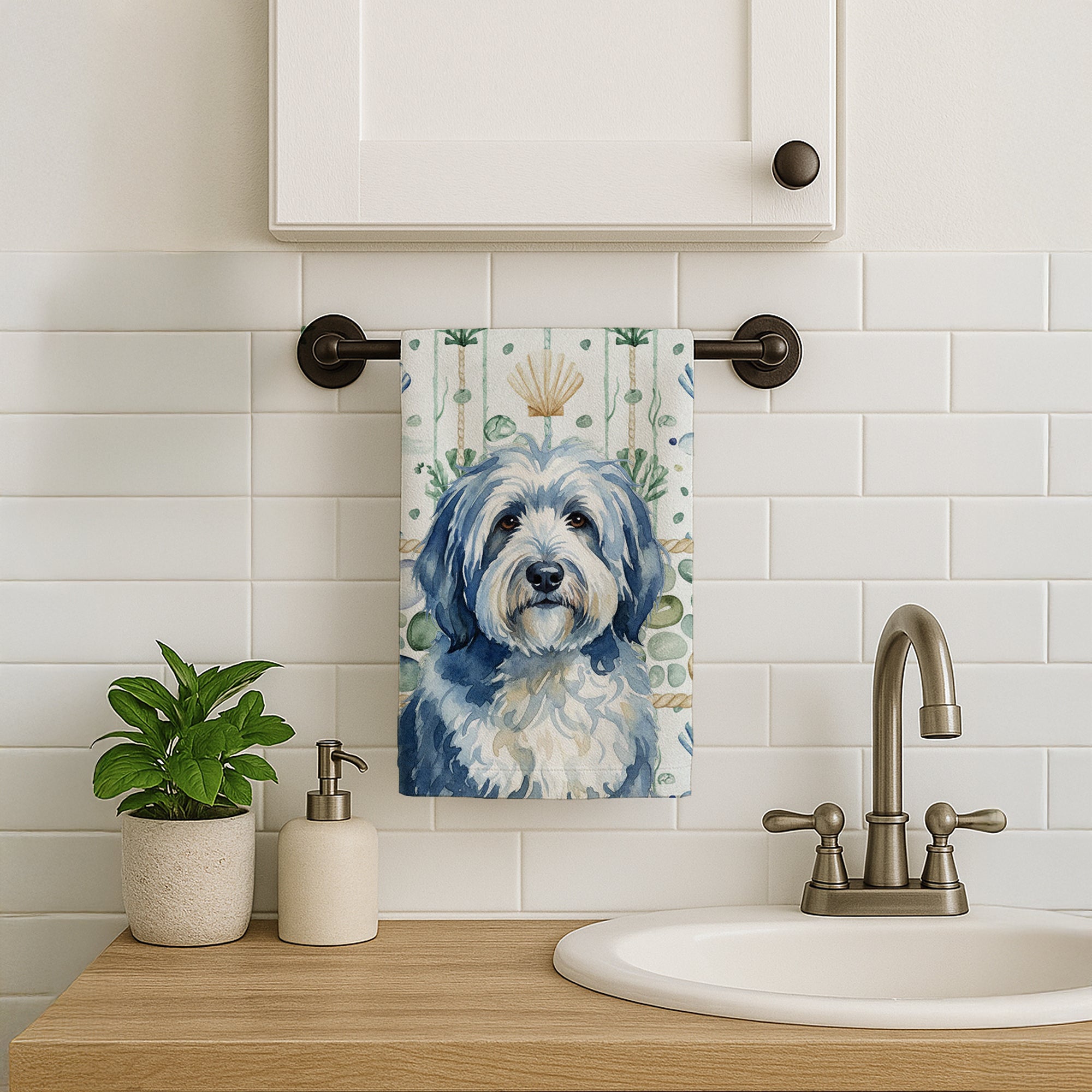Caroline's Treasures Blue and White Old English Sheepdog Coastal Sea Glass Kitchen Towel