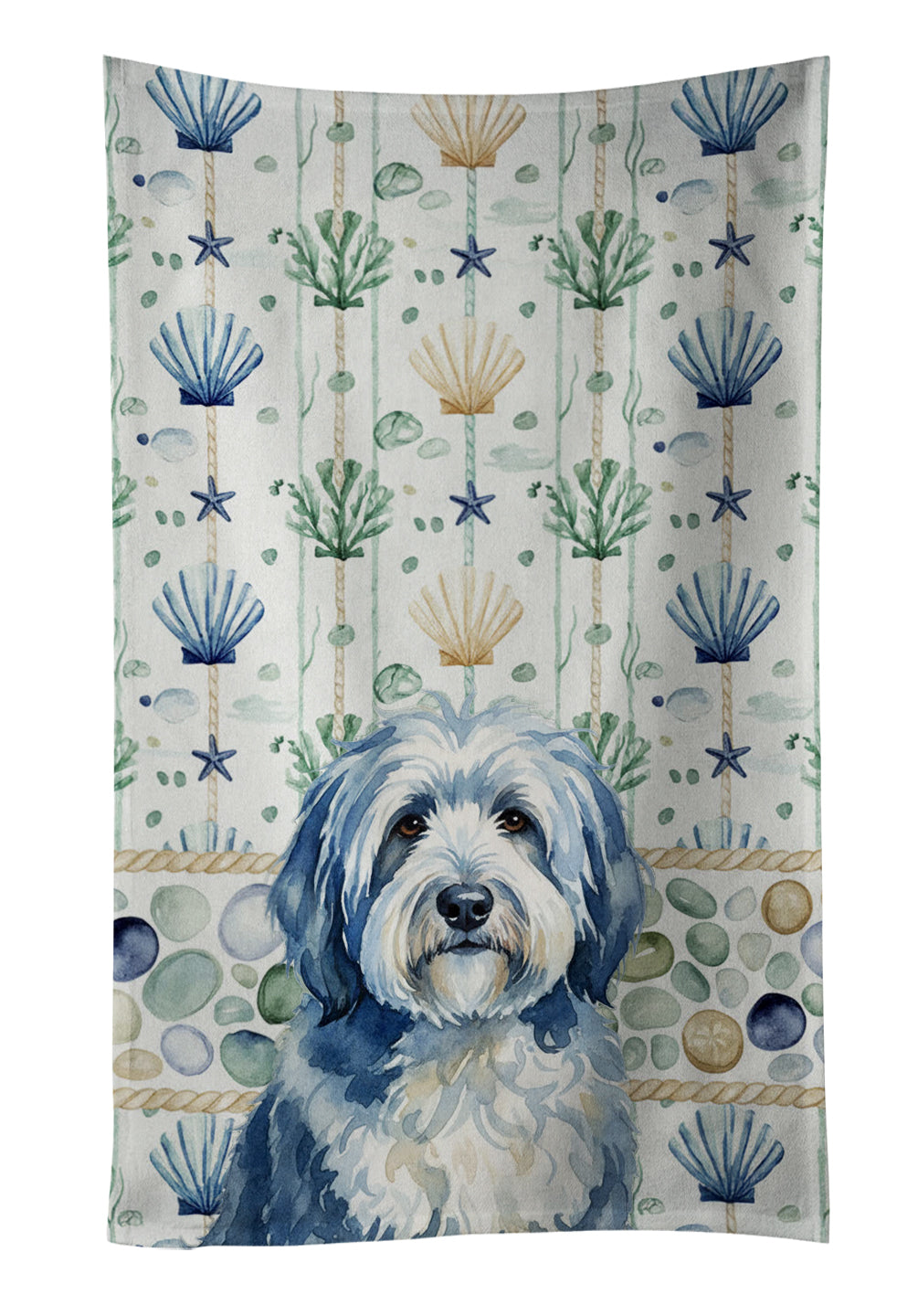Caroline's Treasures Blue and White Old English Sheepdog Coastal Sea Glass Kitchen Towel