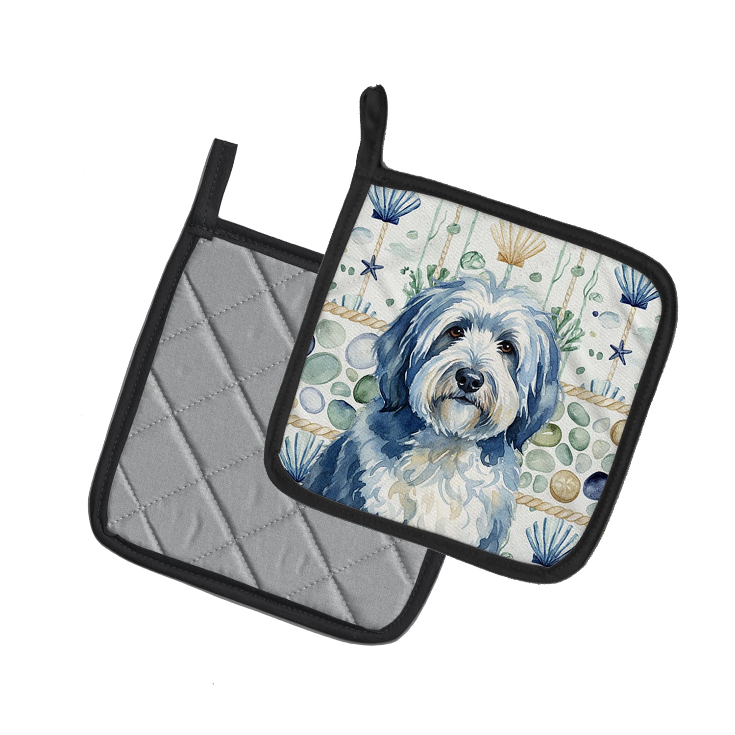 Caroline's Treasures Blue and White Old English Sheepdog Coastal Sea Glass Pair of Pot Holders