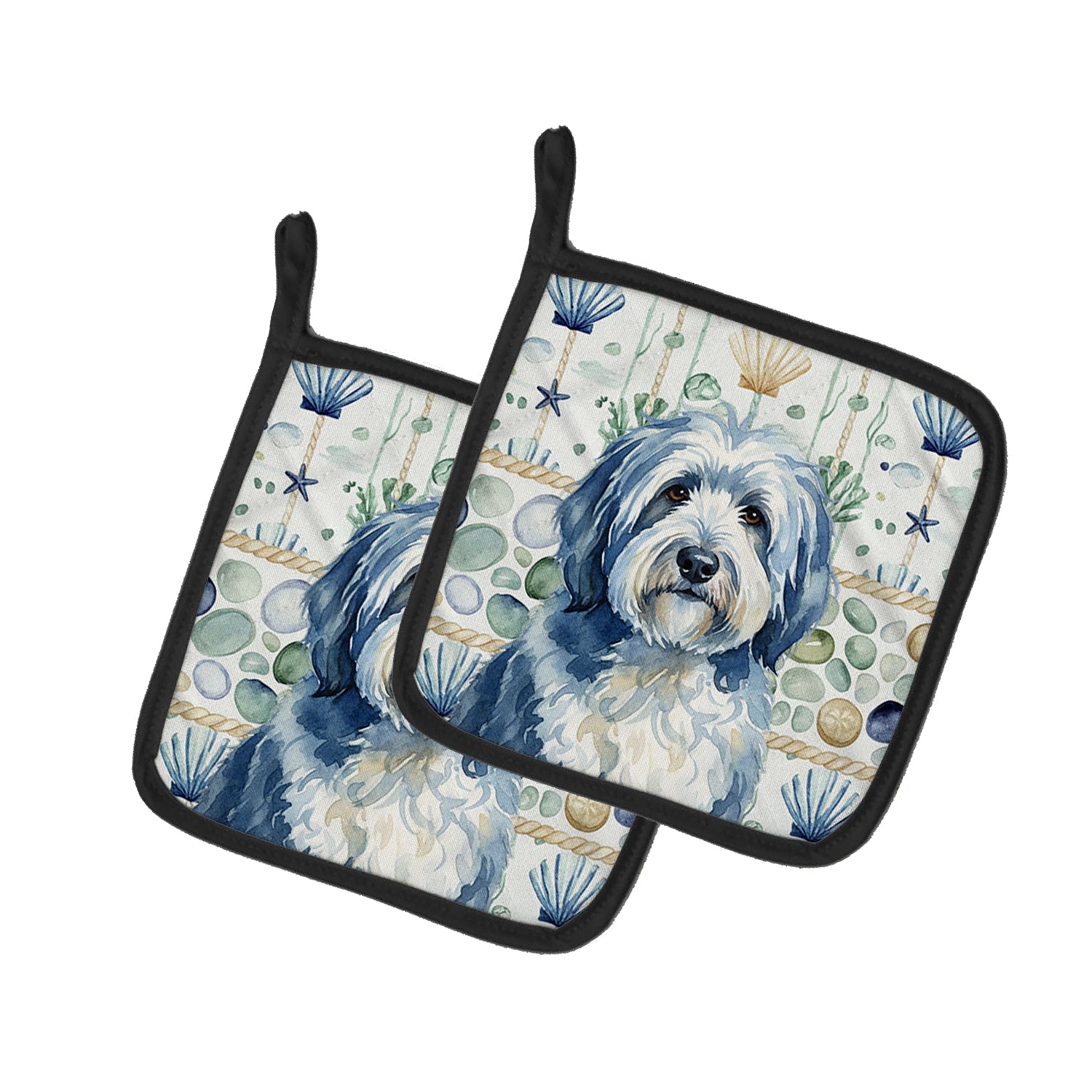 Caroline's Treasures Blue and White Old English Sheepdog Coastal Sea Glass Pair of Pot Holders