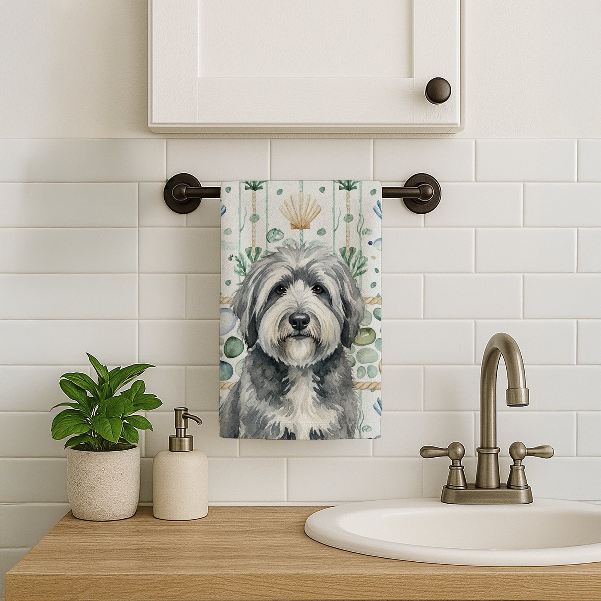 Caroline's Treasures Gray and White Old English Sheepdog Coastal Sea Glass Kitchen Towel