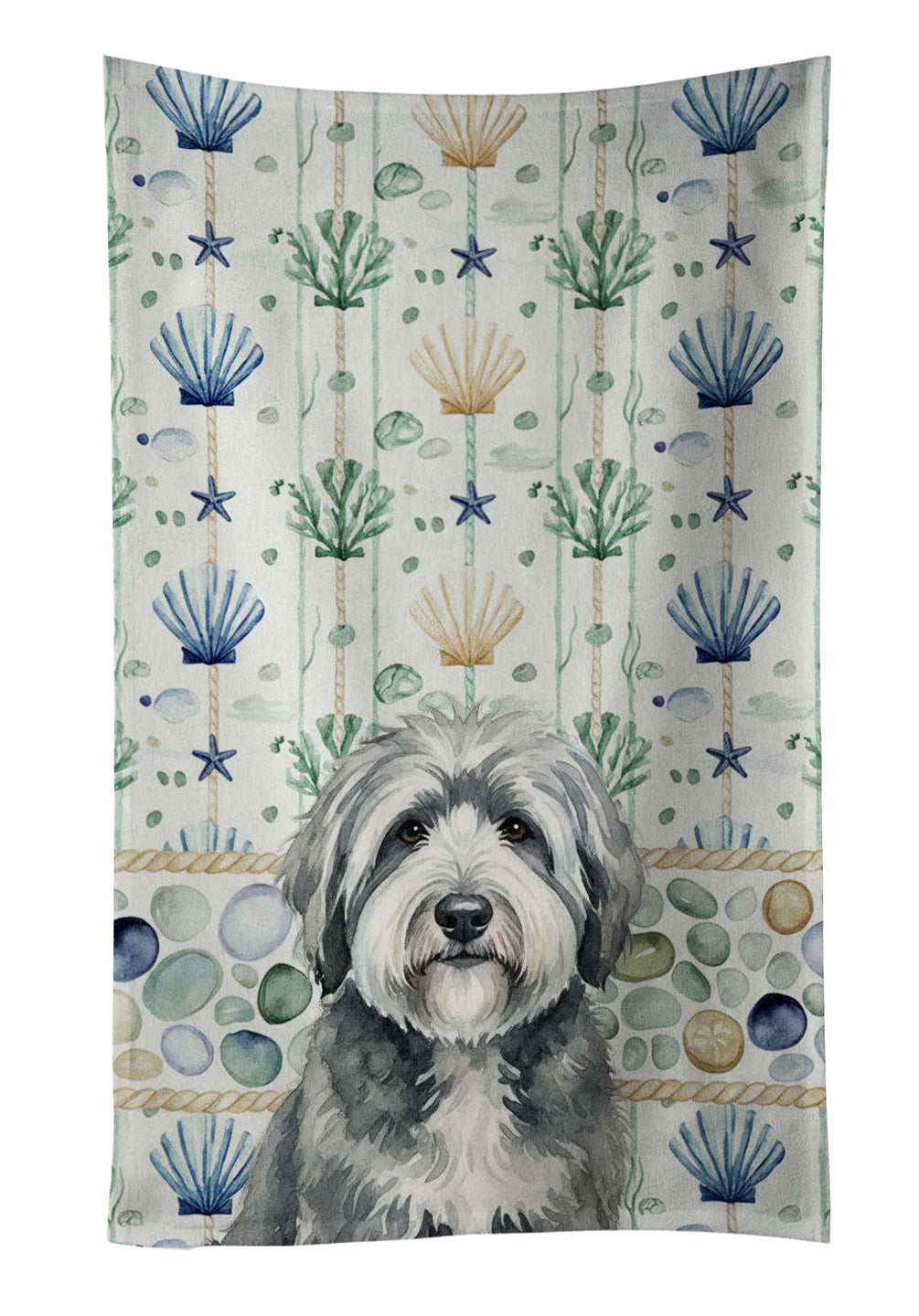 Caroline's Treasures Gray and White Old English Sheepdog Coastal Sea Glass Kitchen Towel